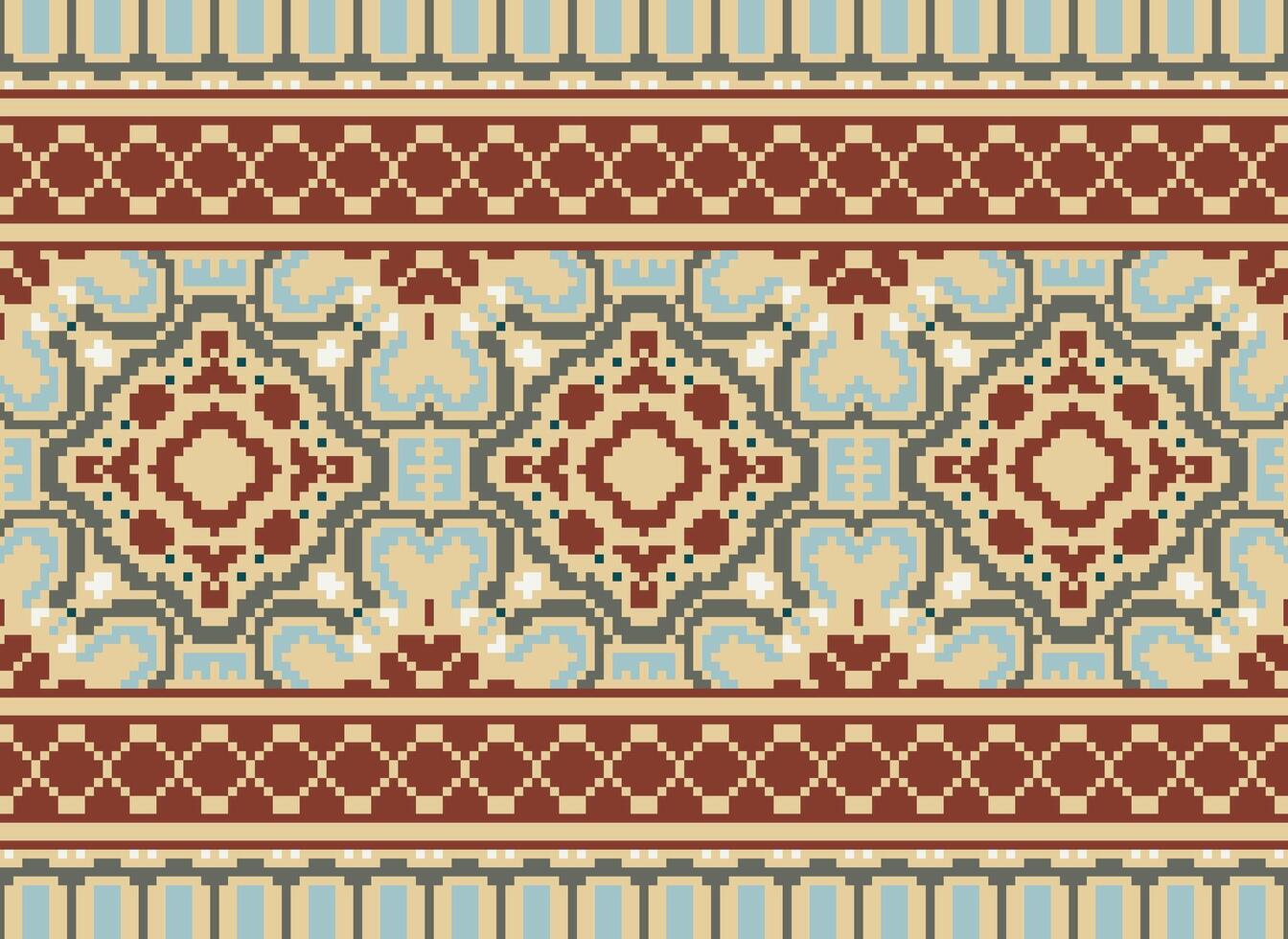 Pixel traditional ethnic pattern paisley flower Ikat background abstract Aztec African Indonesian Indian seamless pattern for fabric print cloth dress carpet curtains and sarong vector