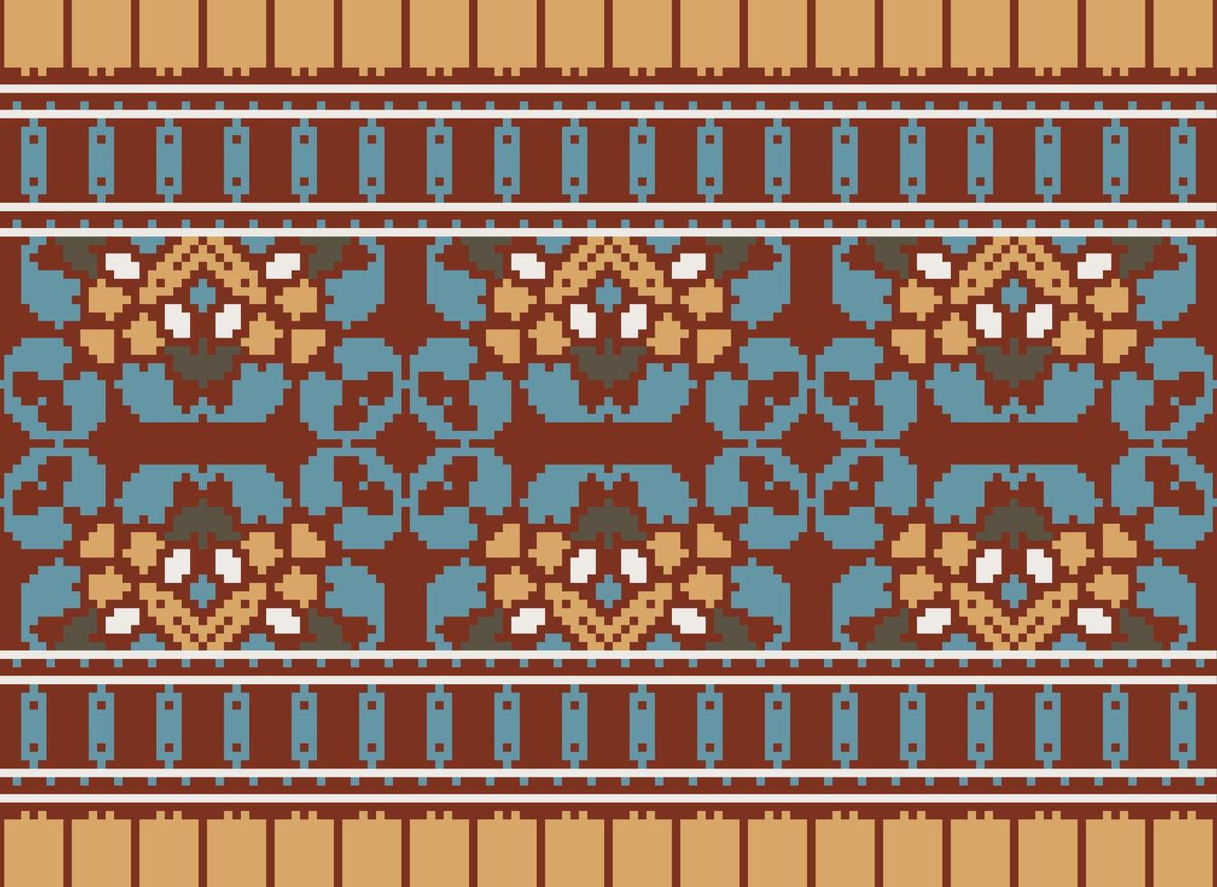 Cross Stitch pattern with Floral Designs. Traditional cross stitch needlework. Geometric Ethnic pattern, Embroidery, Textile ornamentation, fabric, Hand stitched pattern, Cultural stitching pixel art. vector
