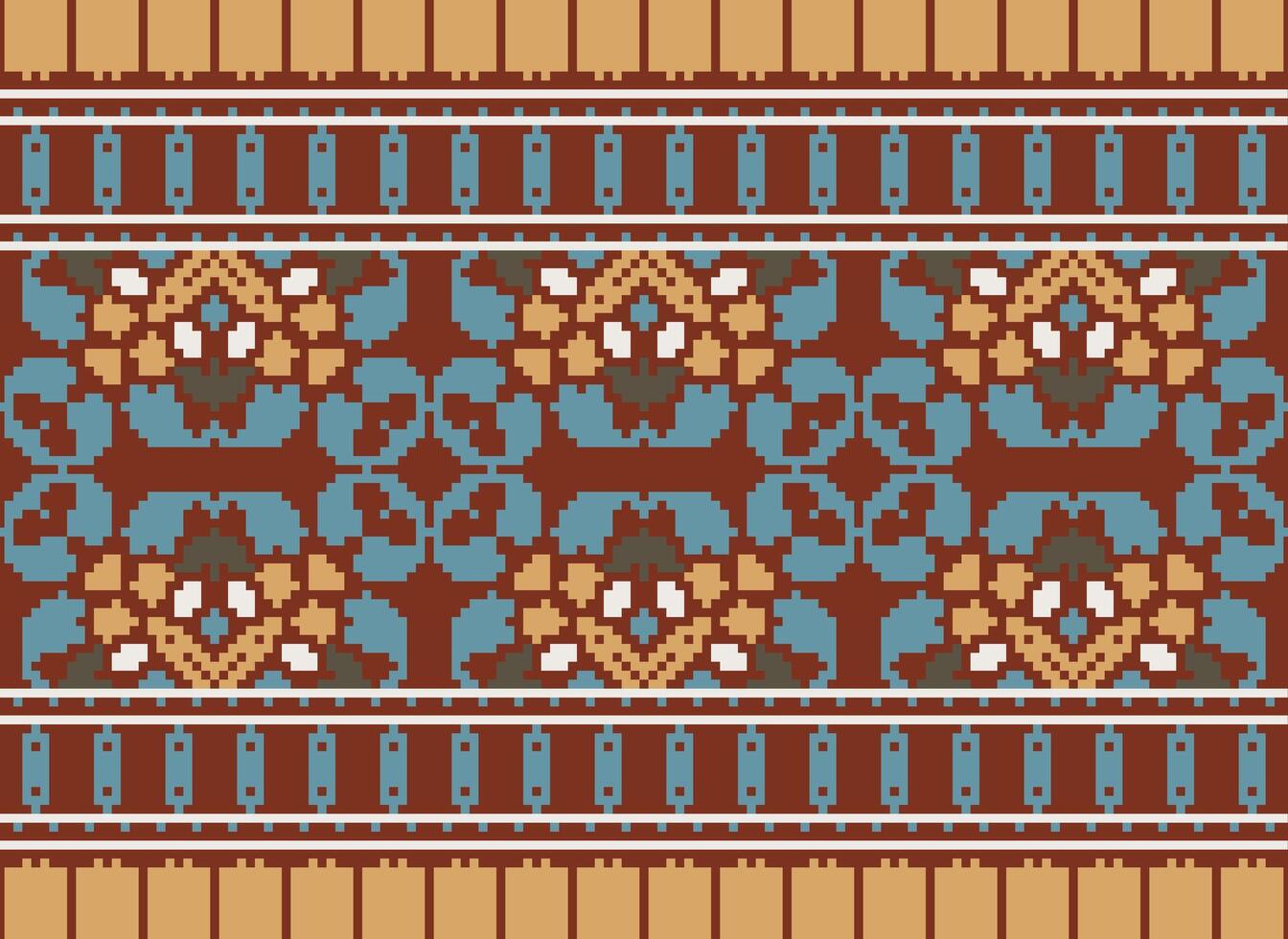 Cross Stitch pattern with Floral Designs. Traditional cross stitch needlework. Geometric Ethnic pattern, Embroidery, Textile ornamentation, fabric, Hand stitched pattern, Cultural stitching pixel art. vector