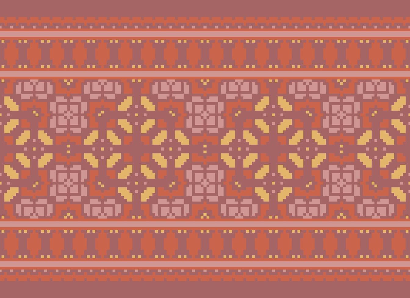 Pixel Cross Stitch pattern with Floral Designs. Traditional cross stitch needlework. Geometric Ethnic pattern, Embroidery, Textile ornamentation, fabric, Hand stitched pattern, pixel art. vector