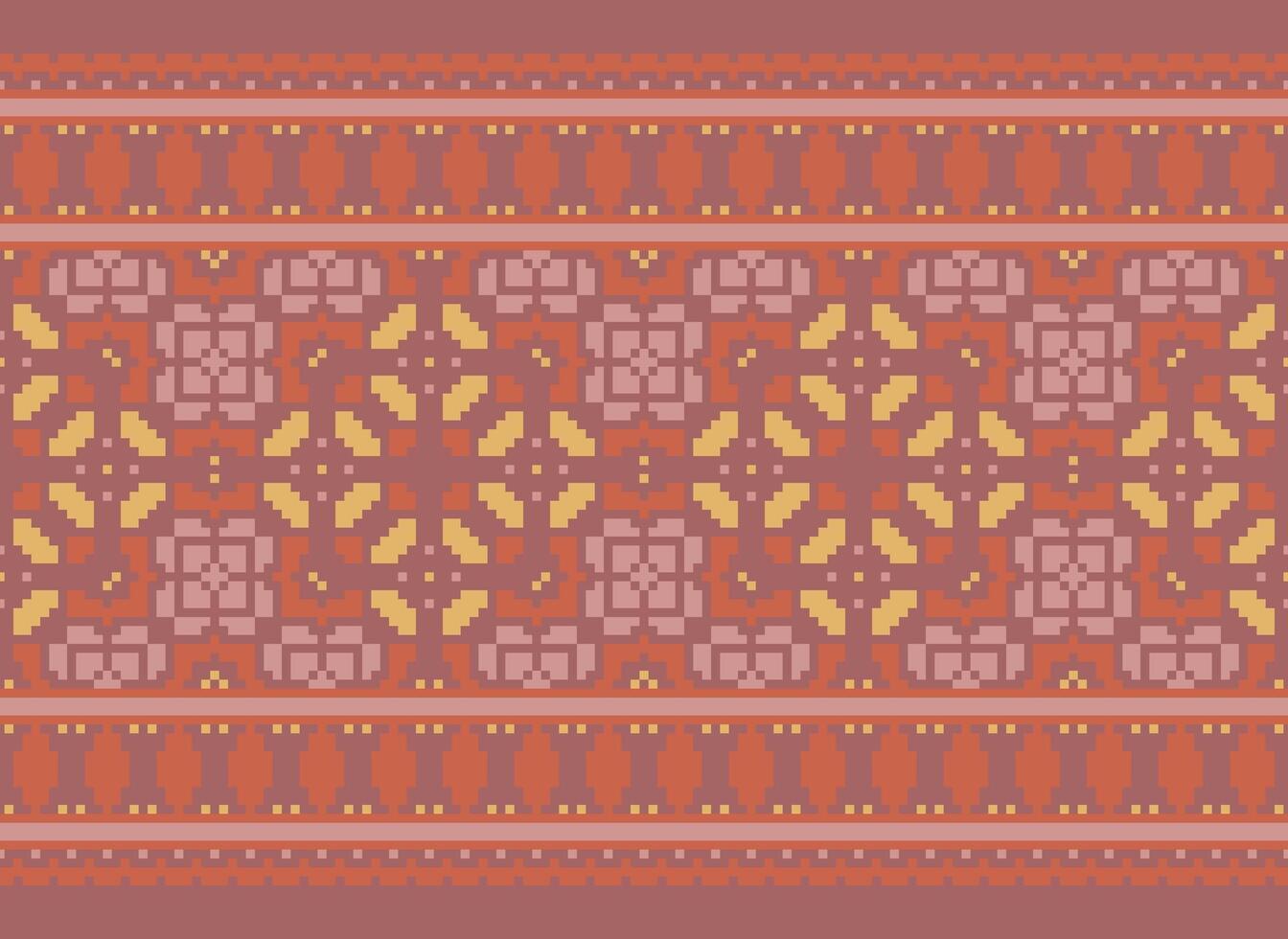 Pixel Cross Stitch pattern with Floral Designs. Traditional cross stitch needlework. Geometric Ethnic pattern, Embroidery, Textile ornamentation, fabric, Hand stitched pattern, pixel art. vector