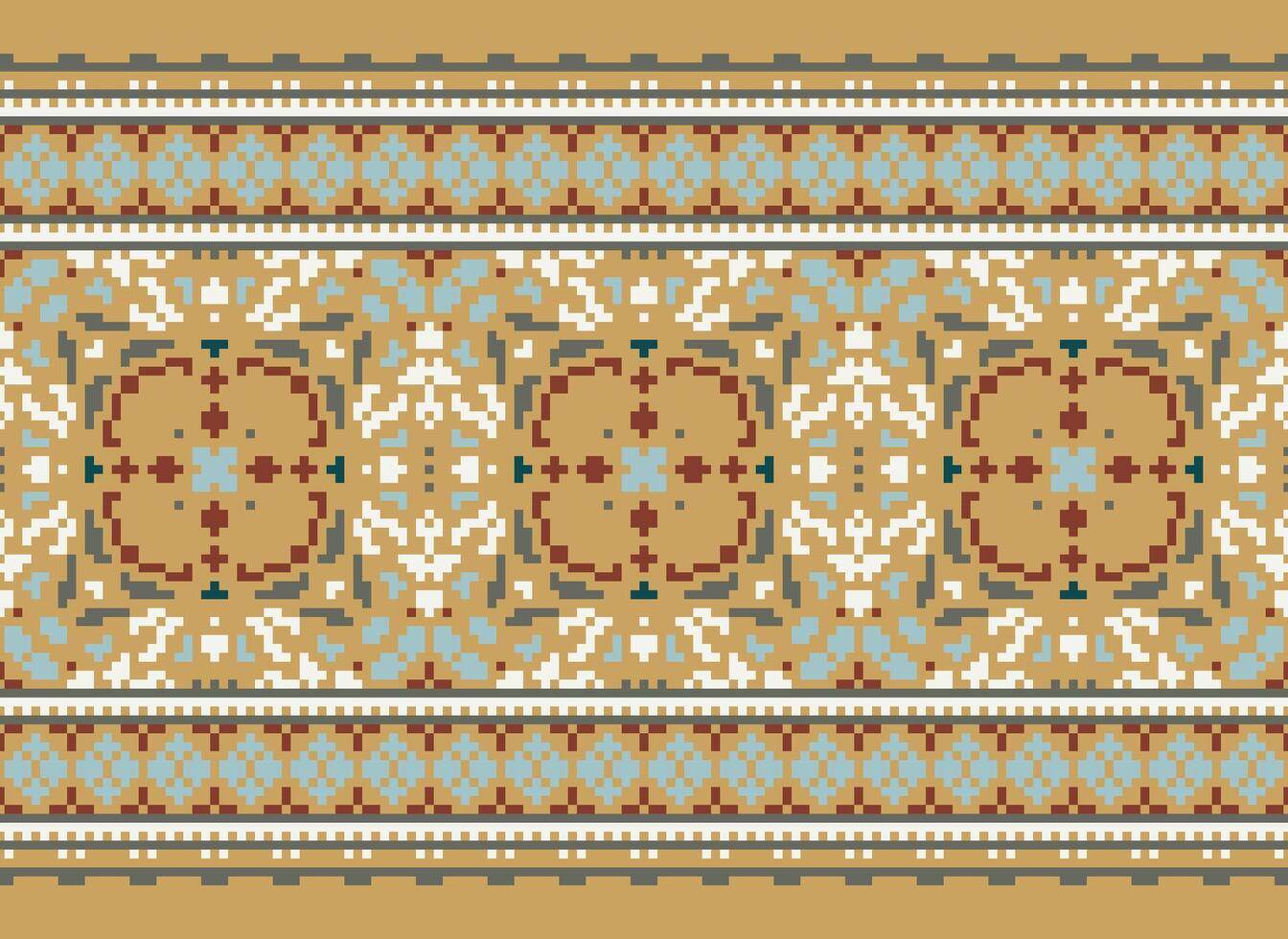 Pixel traditional ethnic pattern paisley flower Ikat background abstract Aztec African Indonesian Indian seamless pattern for fabric print cloth dress carpet curtains and sarong vector