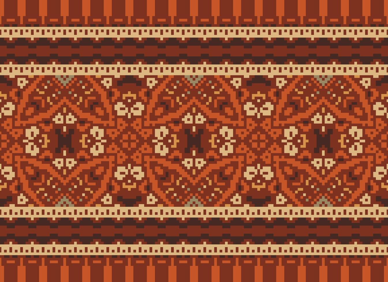 Pixel Cross Stitch pattern with Floral Designs. Traditional cross stitch needlework. Geometric Ethnic pattern, Embroidery, Textile ornamentation, fabric, Hand stitched pattern, pixel art. vector