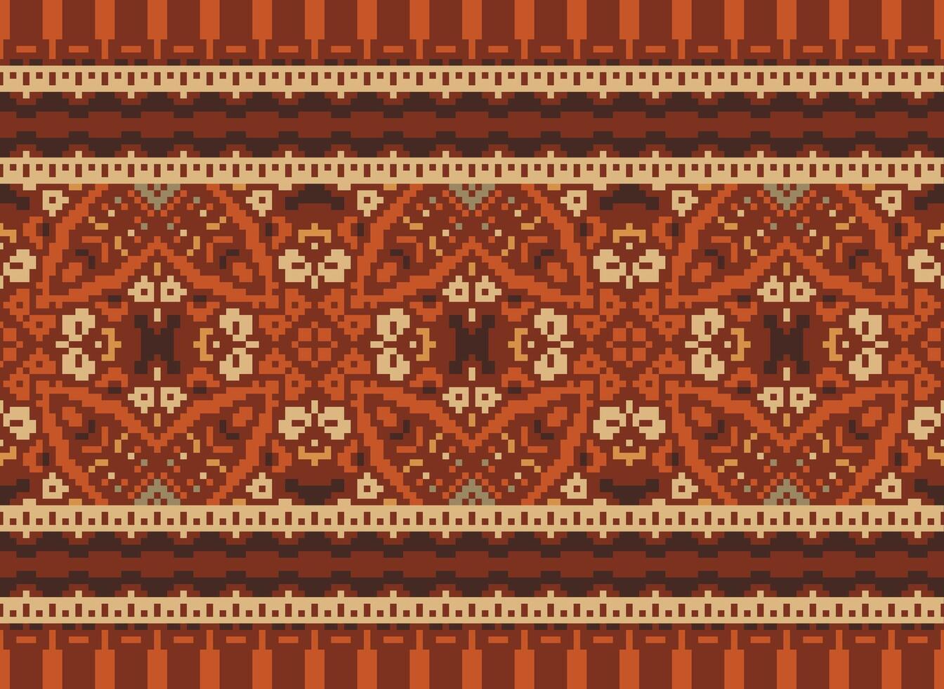 Pixel Cross Stitch pattern with Floral Designs. Traditional cross stitch needlework. Geometric Ethnic pattern, Embroidery, Textile ornamentation, fabric, Hand stitched pattern, pixel art. vector