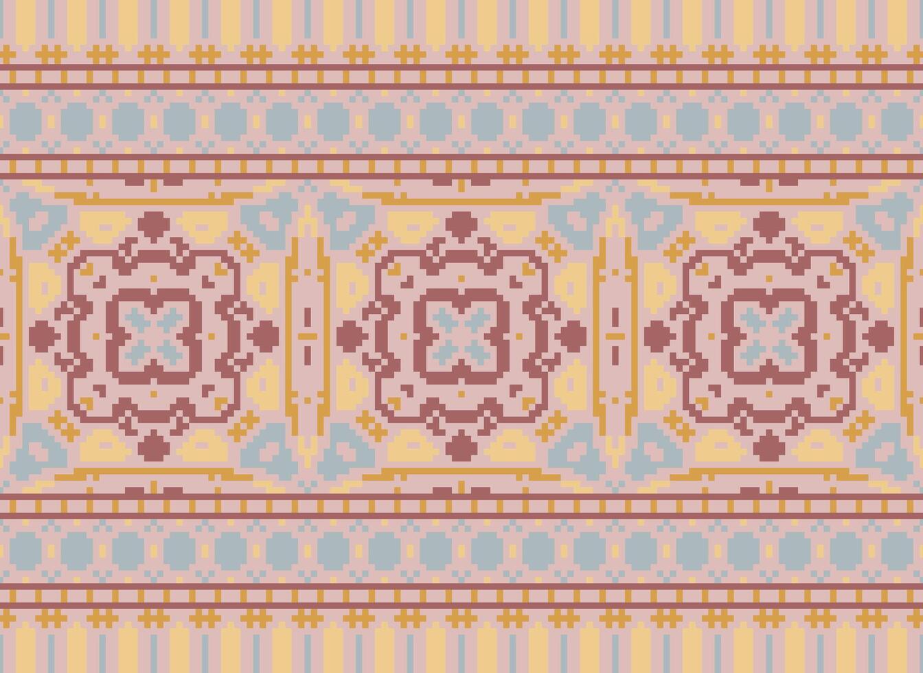 Pixel Ethnic pattern vector background. seamless pattern traditional, Design for background, wallpaper, Batik, fabric, carpet, clothing, wrapping, and textile.ethnic pattern Vector illustration.