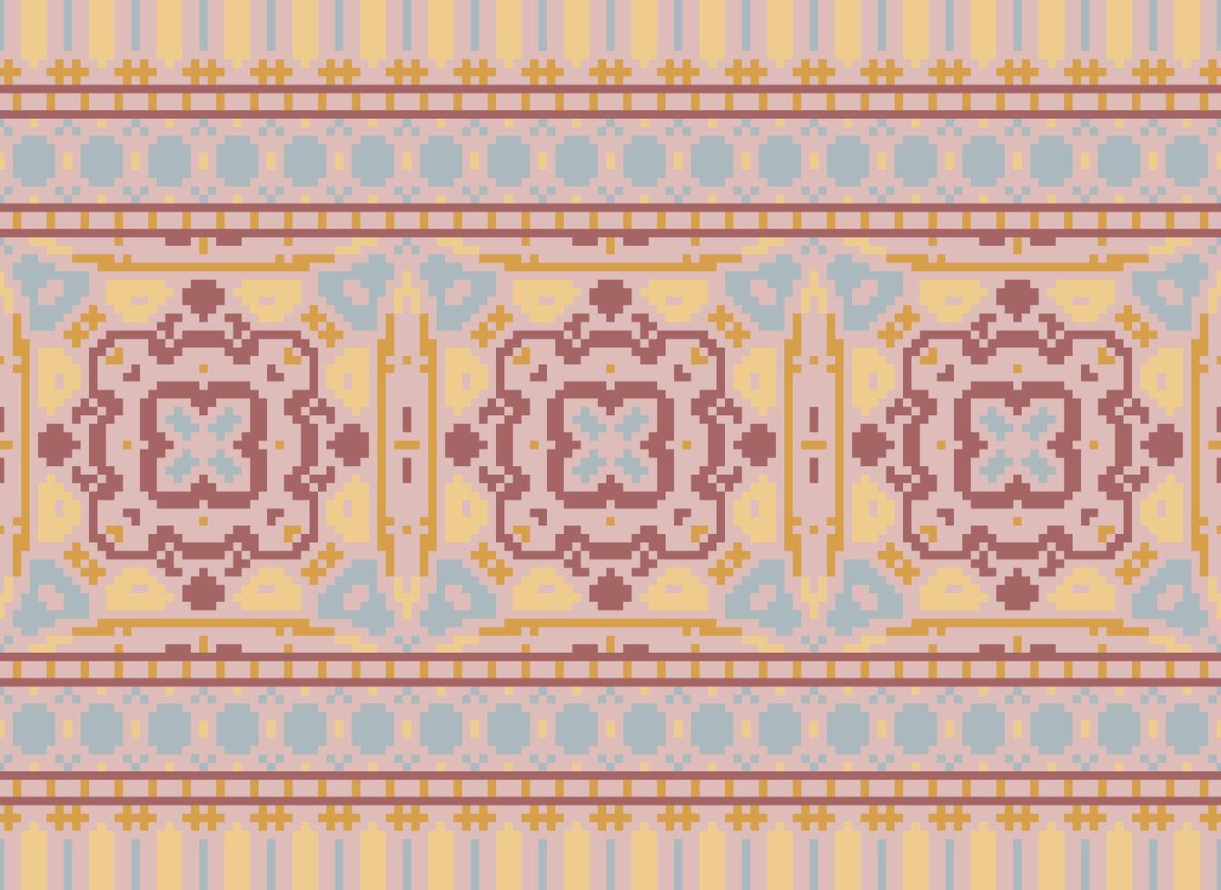 píxel étnico modelo vector antecedentes. sin costura modelo tradicional, diseño para fondo, fondo de pantalla, batik, tela, alfombra, ropa, envase, y textil.étnico modelo vector ilustración.