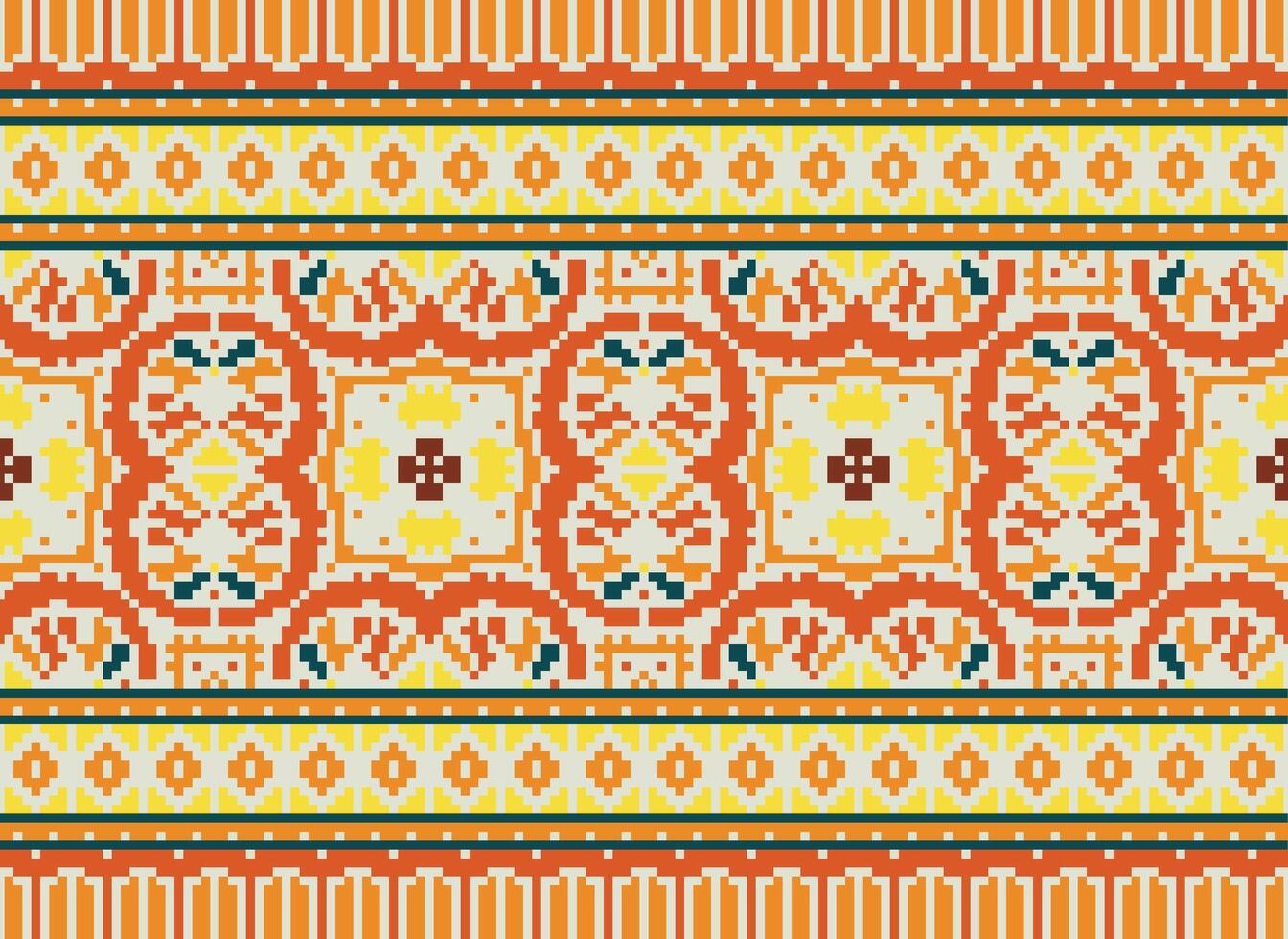 Cross Stitch Border. Embroidery Cross Stitch. Ethnic Patterns. Geometric Ethnic Indian pattern. Native Ethnic pattern.Texture Textile Fabric Clothing Knitwear print. Pixel Horizontal Seamless Vector. vector