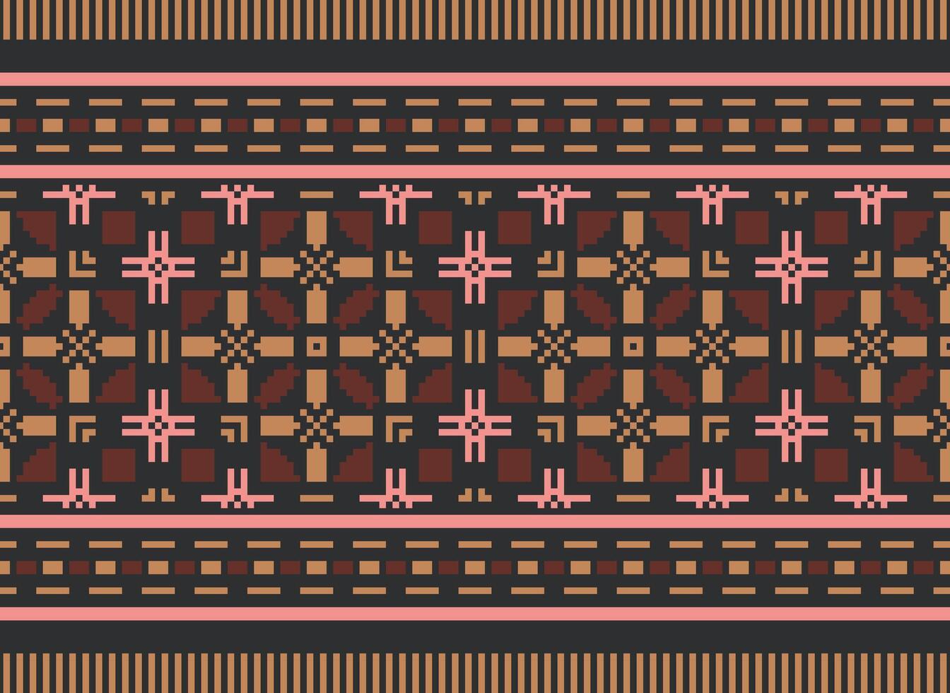 Pixel Cross Stitch pattern with Floral Designs. Traditional cross stitch needlework. Geometric Ethnic pattern, Embroidery, Textile ornamentation, fabric, Hand stitched pattern, pixel art. vector