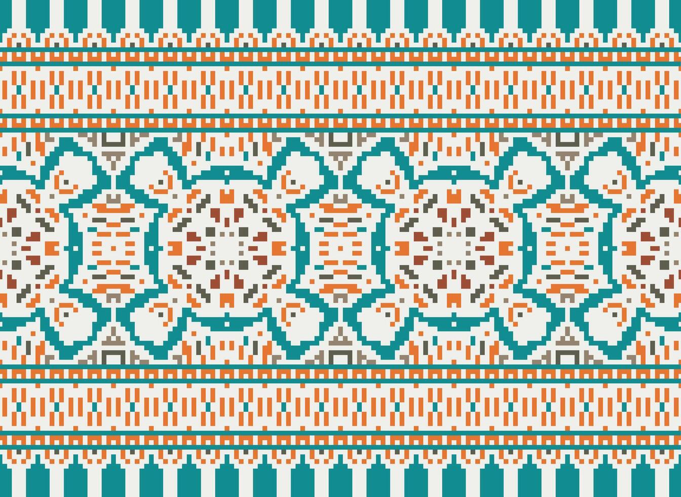 Cross Stitch pattern with Floral Designs. Traditional cross stitch needlework. Geometric Ethnic pattern, Embroidery, Textile ornamentation, fabric, Hand stitched pattern, Cultural stitching pixel art. vector