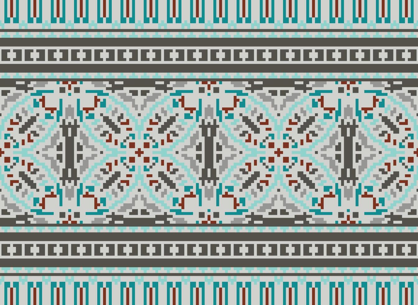 Pixel Cross Stitch pattern with Floral Designs. Traditional cross stitch needlework. Geometric Ethnic pattern, Embroidery, Textile ornamentation, fabric, Hand stitched pattern, pixel art. vector
