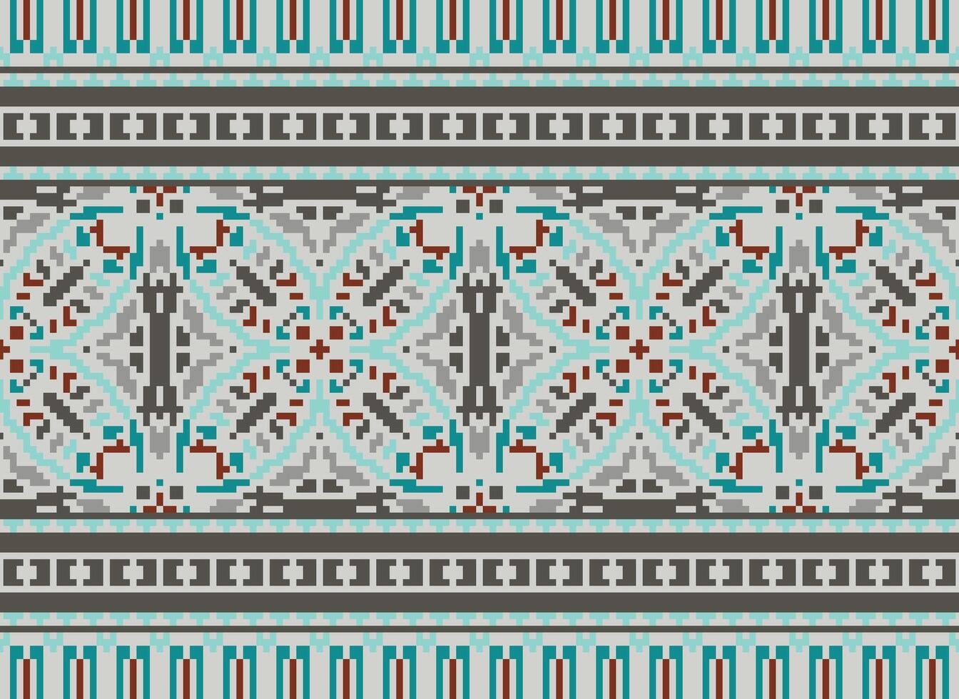 píxel cruzar puntada modelo con floral diseños tradicional cruzar puntada costura. geométrico étnico patrón, bordado, textil ornamentación, tela, mano cosido patrón, píxel Arte. vector