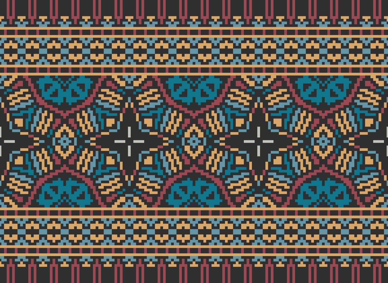 Cross Stitch pattern with Floral Designs. Traditional cross stitch needlework. Geometric Ethnic pattern, Embroidery, Textile ornamentation, fabric, Hand stitched pattern, Cultural stitching pixel art. vector