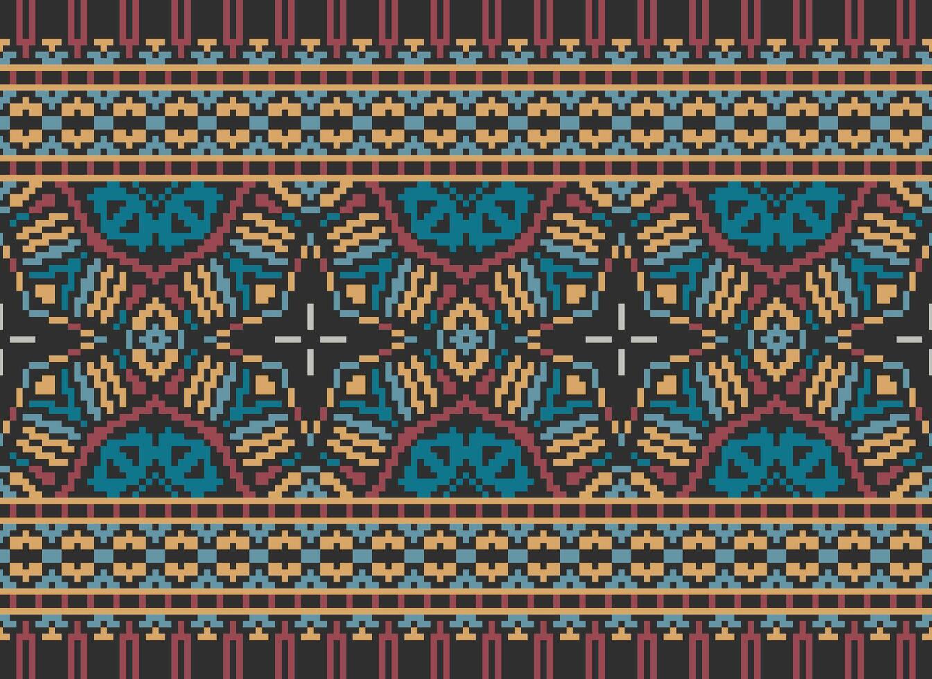 cruzar puntada modelo con floral diseños tradicional cruzar puntada costura. geométrico étnico patrón, bordado, textil ornamentación, tela, mano cosido patrón, cultural puntadas píxel Arte. vector