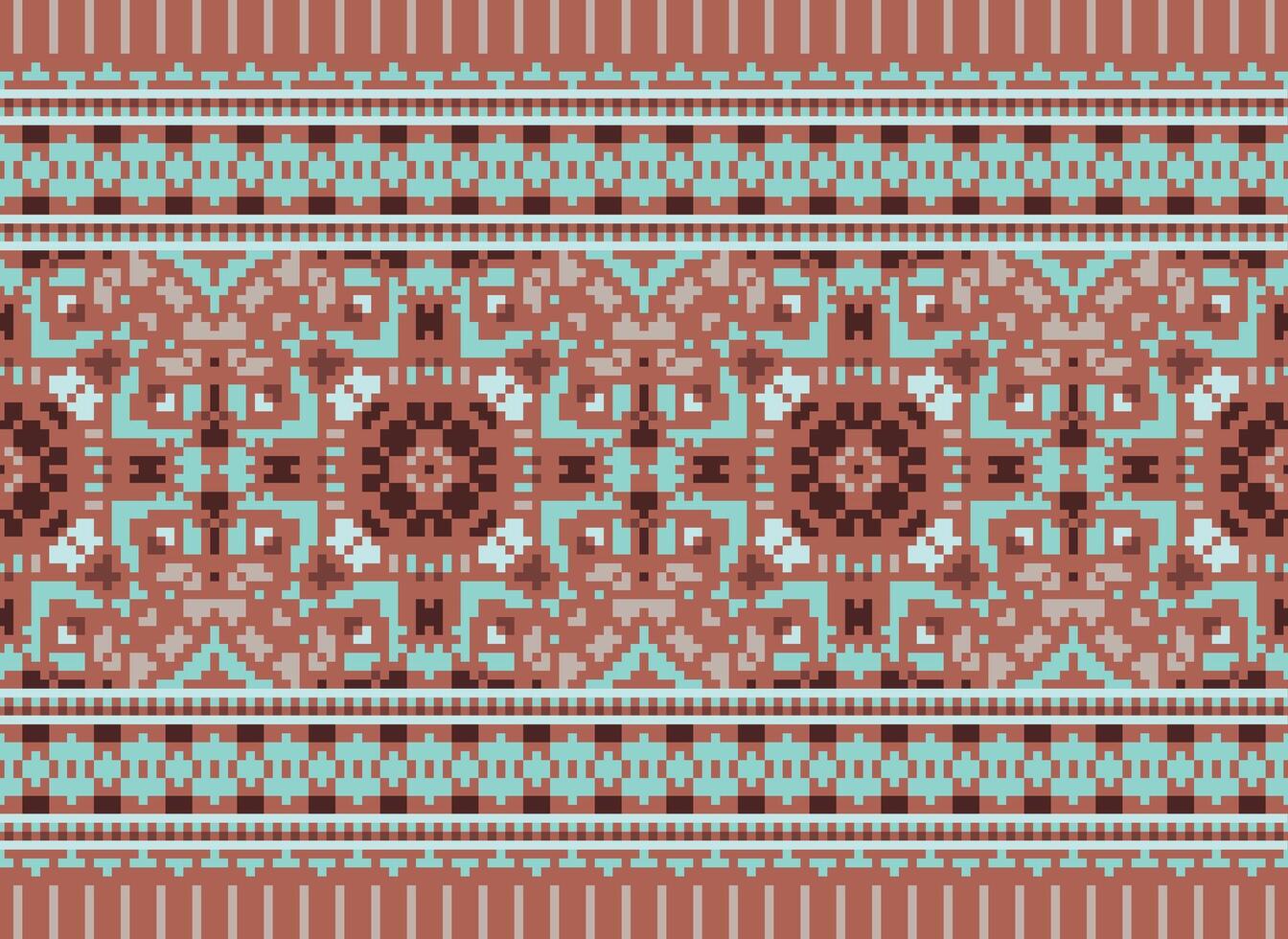 Cross Stitch pattern with Floral Designs. Traditional cross stitch needlework. Geometric Ethnic pattern, Embroidery, Textile ornamentation, fabric, Hand stitched pattern, Cultural stitching pixel art. vector