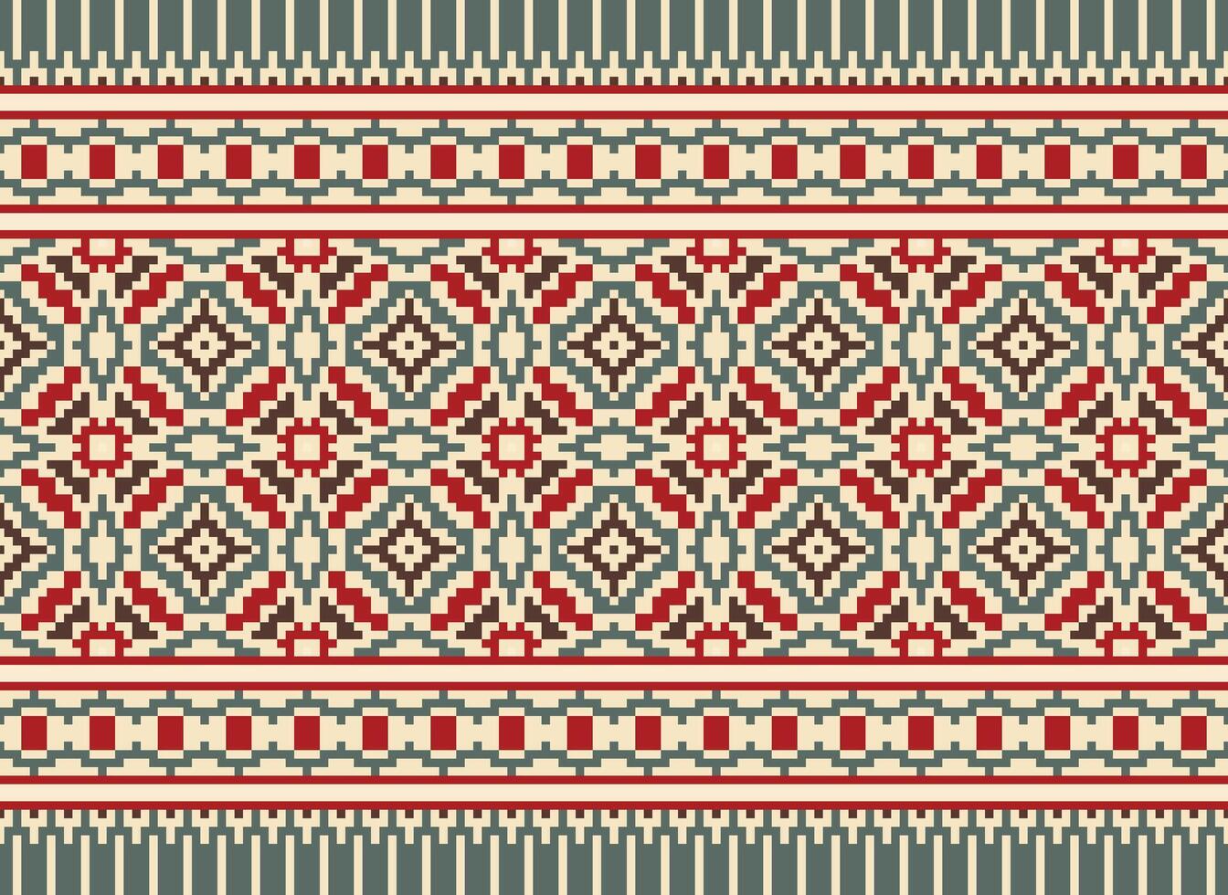Pixel Cross Stitch pattern with Floral Designs. Traditional cross stitch needlework. Geometric Ethnic pattern, Embroidery, Textile ornamentation, fabric, Hand stitched pattern, pixel art. vector