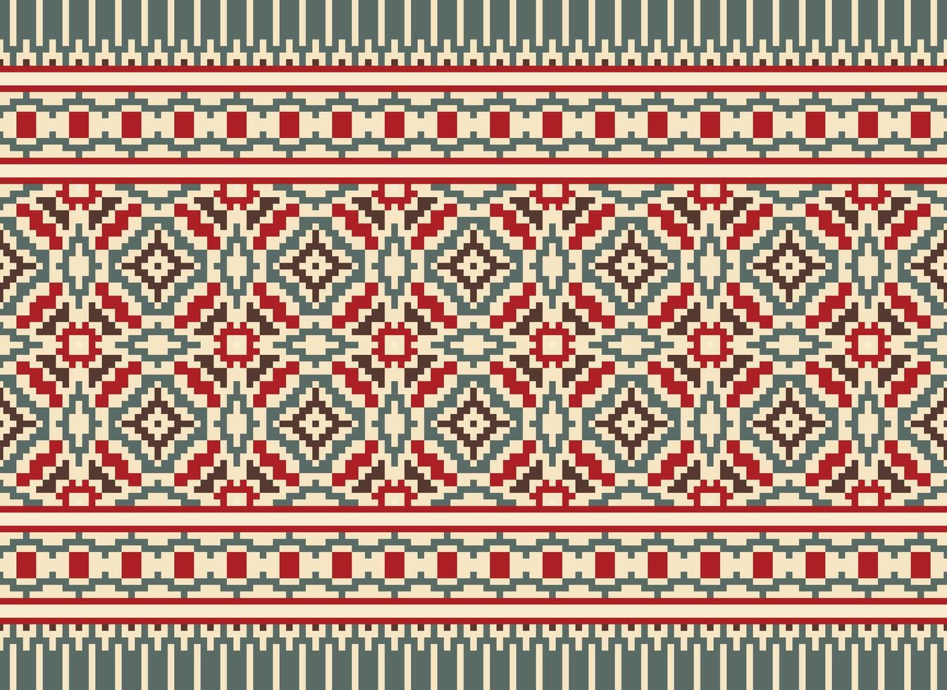 Pixel Cross Stitch pattern with Floral Designs. Traditional cross stitch needlework. Geometric Ethnic pattern, Embroidery, Textile ornamentation, fabric, Hand stitched pattern, pixel art. vector