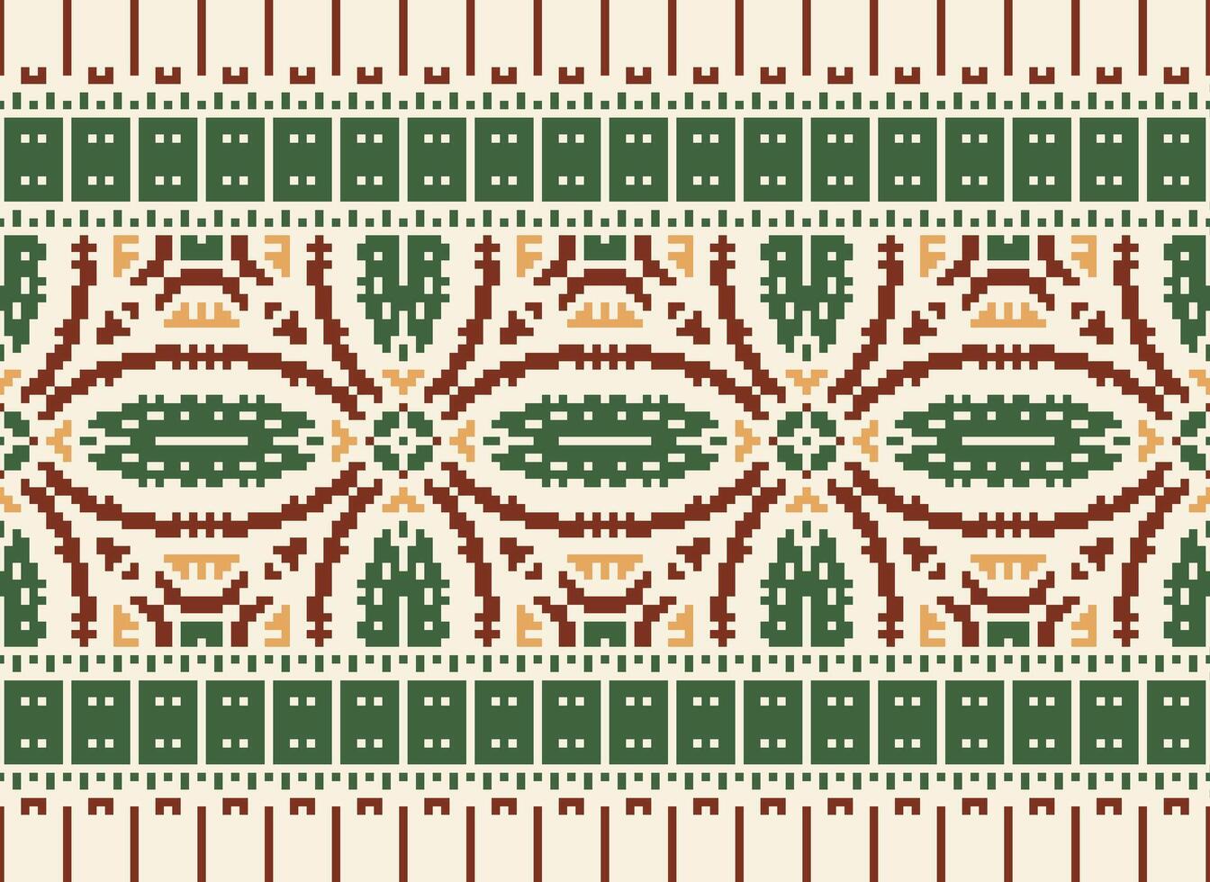 Cross Stitch Border. Embroidery Cross Stitch. Ethnic Patterns. Geometric Ethnic Indian pattern. Native Ethnic pattern.Texture Textile Fabric Clothing Knitwear print. Pixel Horizontal Seamless Vector. vector