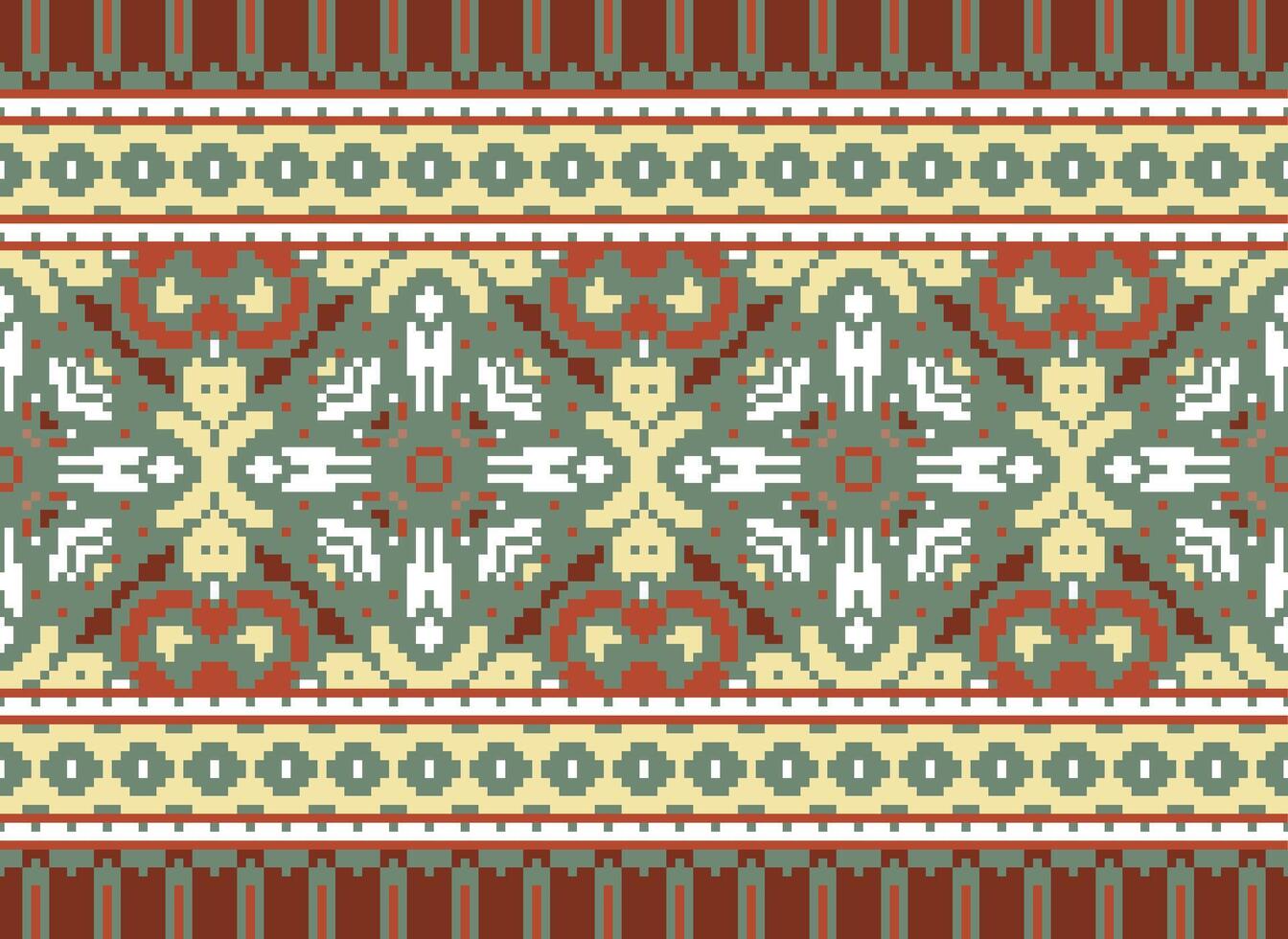Pixel Cross Stitch pattern with Floral Designs. Traditional cross stitch needlework. Geometric Ethnic pattern, Embroidery, Textile ornamentation, fabric, Hand stitched pattern, pixel art. vector