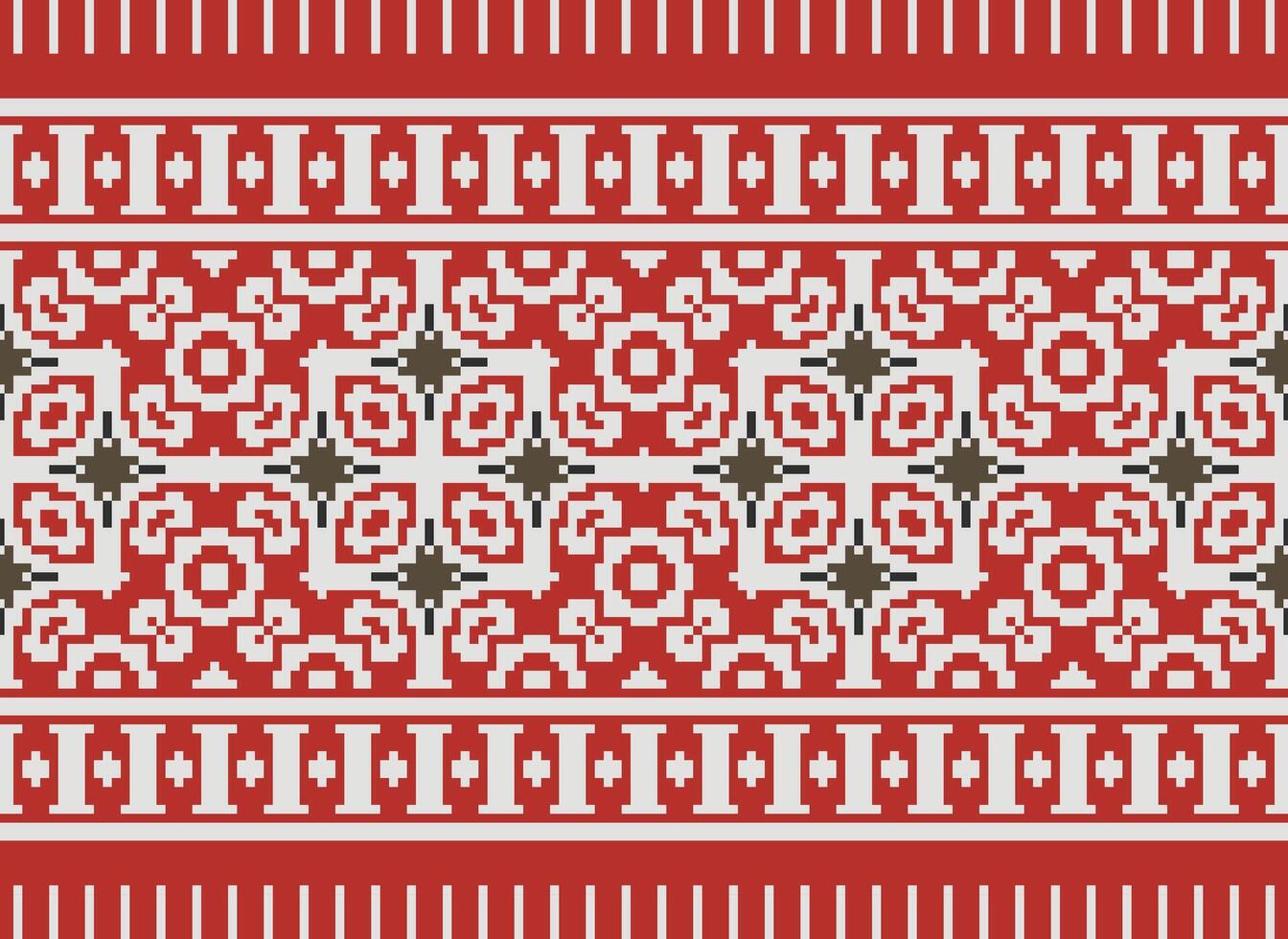 Pixel Cross Stitch pattern with Floral Designs. Traditional cross stitch needlework. Geometric Ethnic pattern, Embroidery, Textile ornamentation, fabric, Hand stitched pattern, Cultural stitching vector