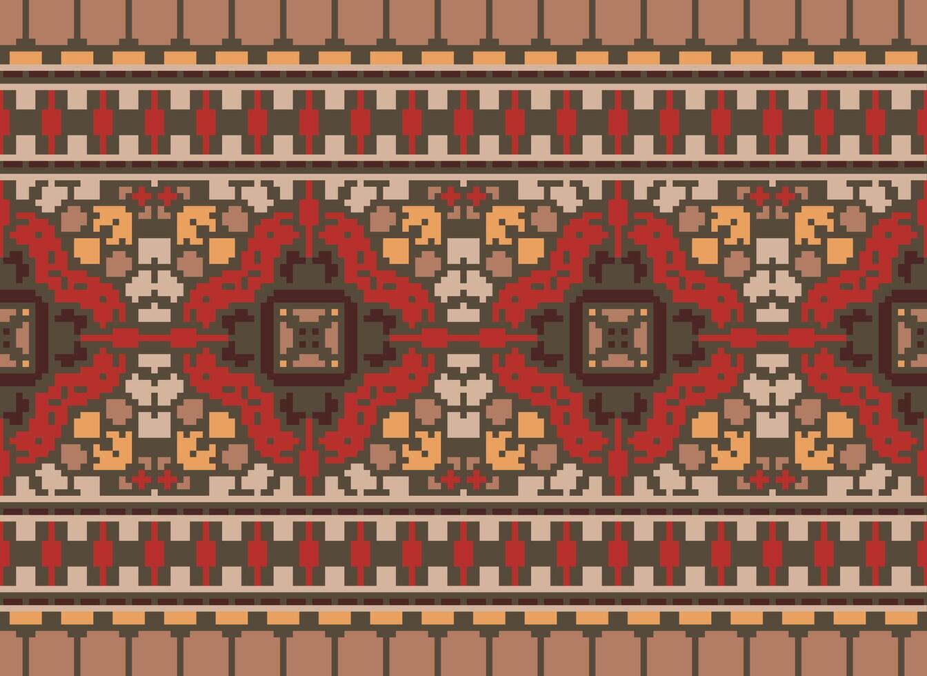 Cross Stitch pattern with Floral Designs. Traditional cross stitch needlework. Geometric Ethnic pattern, Embroidery, Textile ornamentation, fabric, Hand stitched pattern, Cultural stitching pixel art. vector