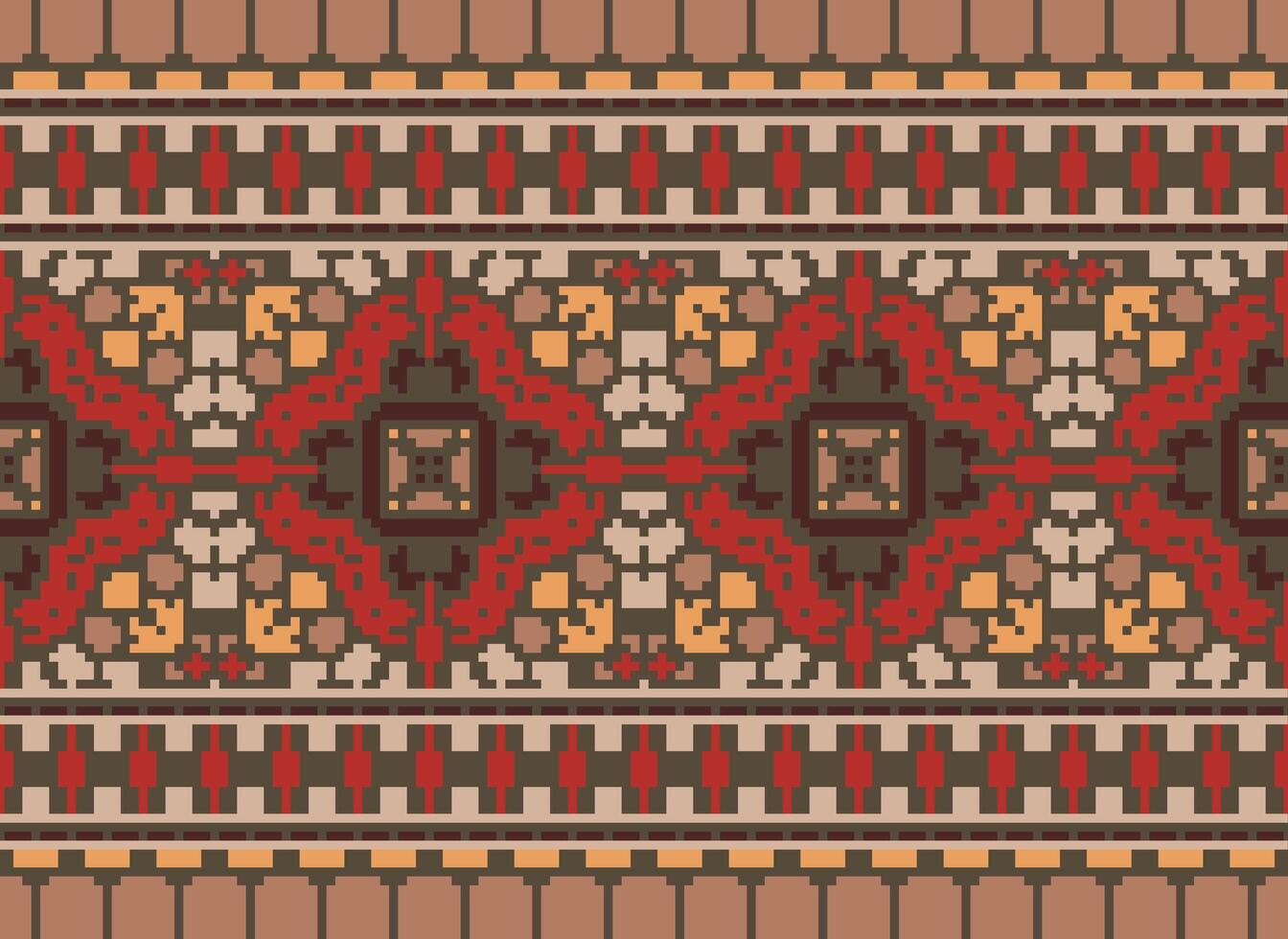 Cross Stitch pattern with Floral Designs. Traditional cross stitch needlework. Geometric Ethnic pattern, Embroidery, Textile ornamentation, fabric, Hand stitched pattern, Cultural stitching pixel art. vector