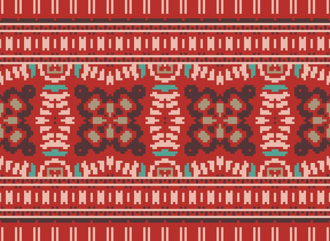 Pixel Cross Stitch pattern with Floral Designs. Traditional cross stitch needlework. Geometric Ethnic pattern, Embroidery, Textile ornamentation, fabric, Hand stitched pattern, pixel art. vector