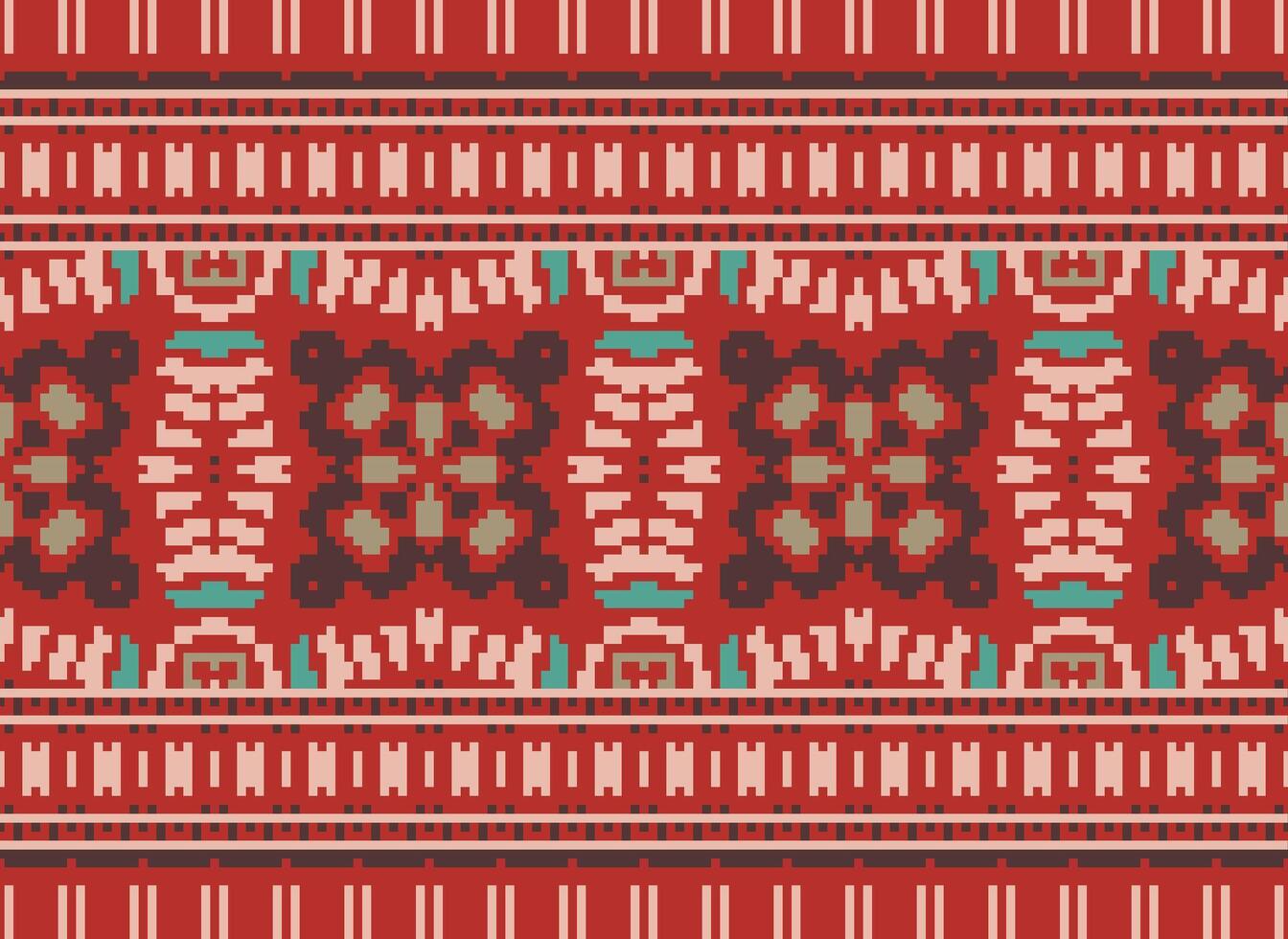 Pixel Cross Stitch pattern with Floral Designs. Traditional cross stitch needlework. Geometric Ethnic pattern, Embroidery, Textile ornamentation, fabric, Hand stitched pattern, pixel art. vector