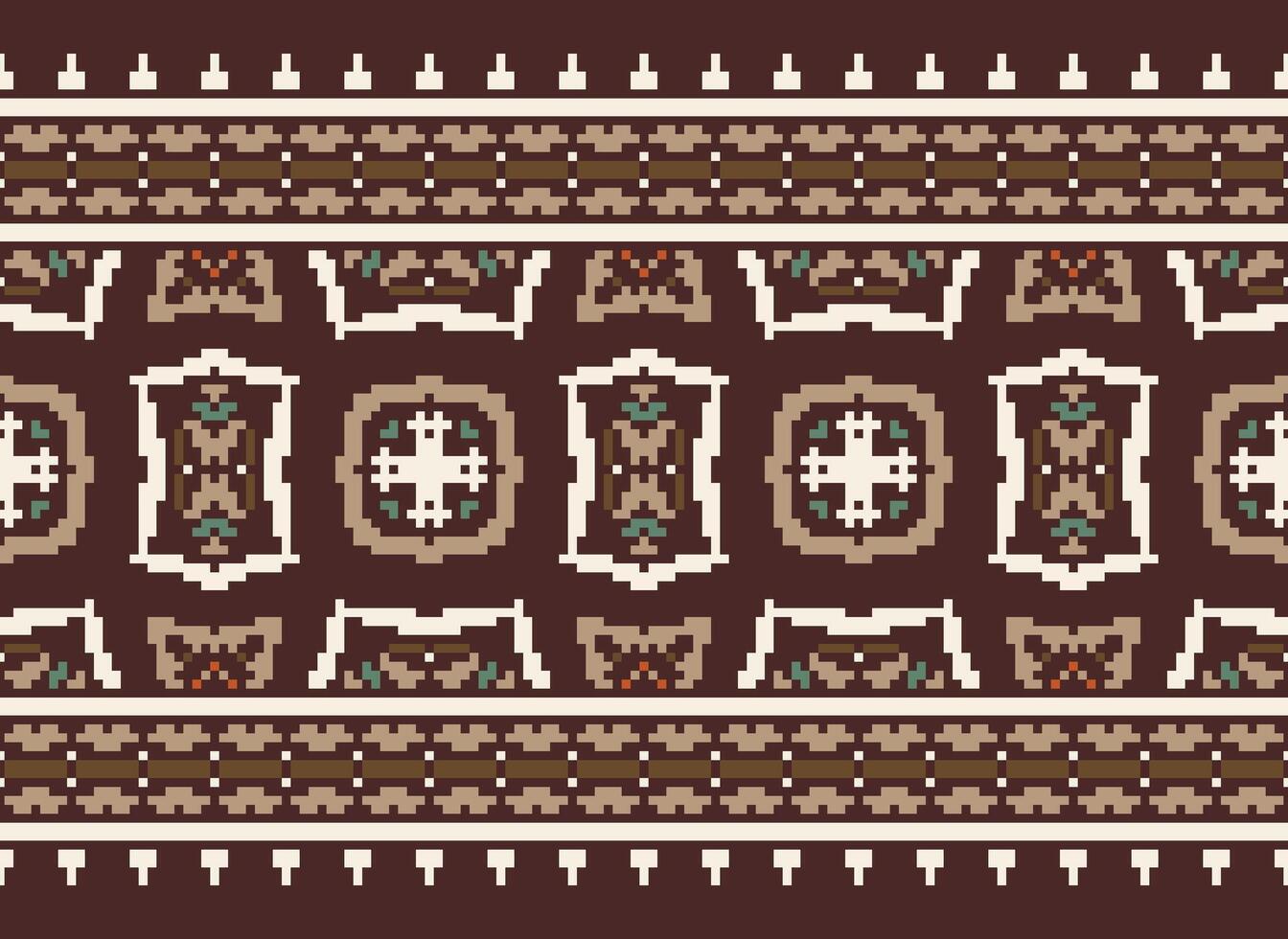 flor bordado en marrón antecedentes. ikat y cruzar puntada geométrico sin costura modelo étnico oriental tradicional. azteca estilo ilustración diseño para alfombra, fondo de pantalla, ropa, envase, batik. vector