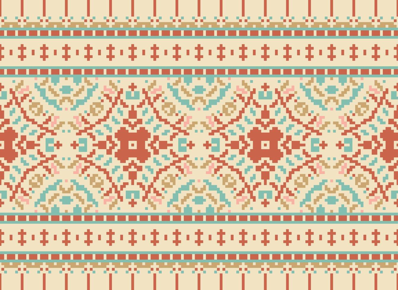 Cross Stitch Embroidery. Ethnic Patterns. Native Style. Traditional Design for texture, textile, fabric, clothing, Knitwear, print. Geometric Pixel Horizontal Seamless Vector. vector