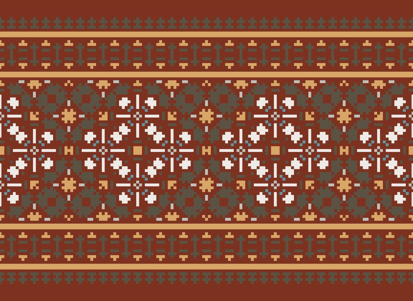 Pixel Cross Stitch pattern with Floral Designs. Traditional cross stitch needlework. Geometric Ethnic pattern, Embroidery, Textile ornamentation, fabric, Hand stitched pattern, Cultural stitching vector