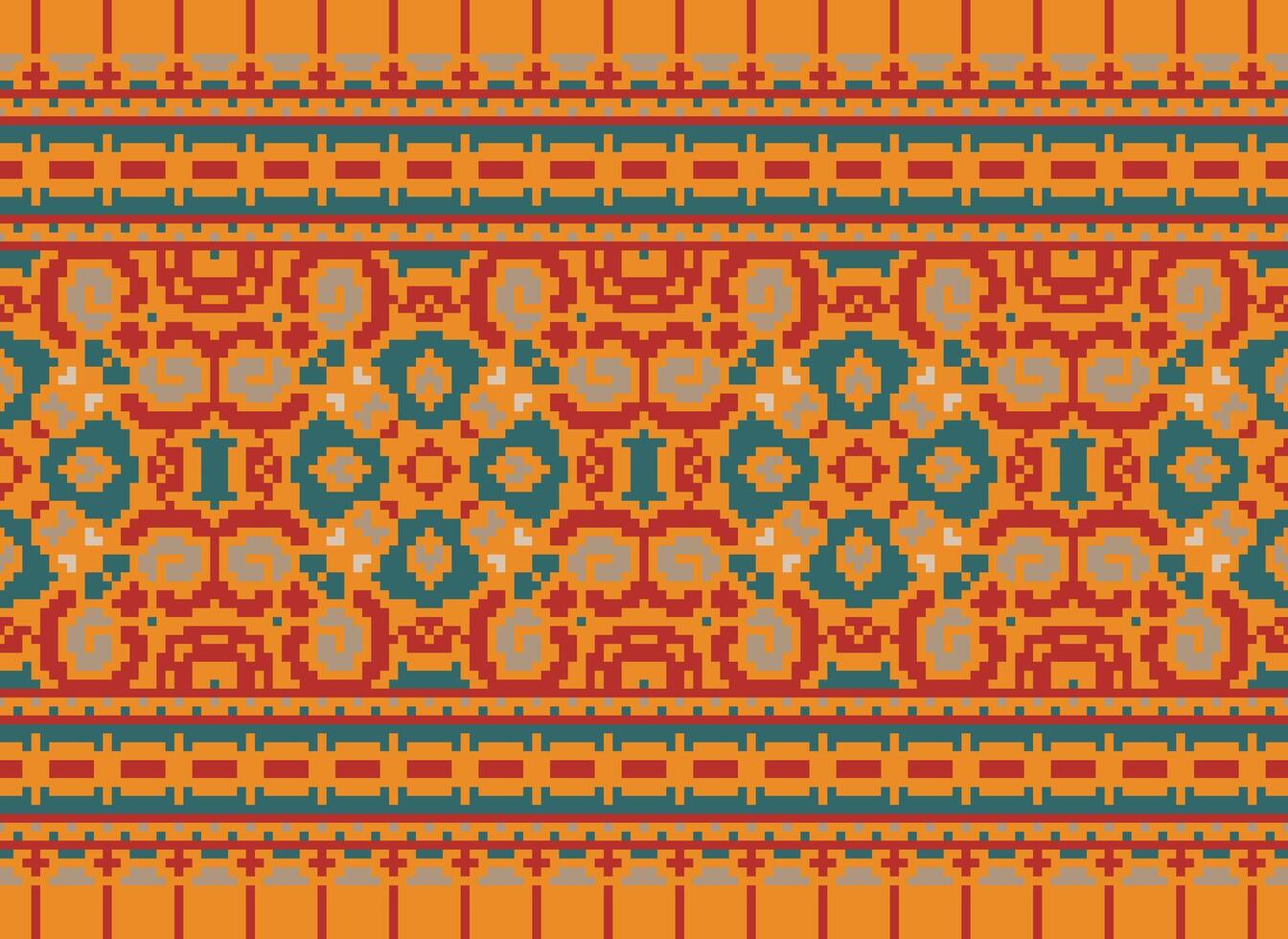 Pixel Cross Stitch pattern with Floral Designs. Traditional cross stitch needlework. Geometric Ethnic pattern, Embroidery, Textile ornamentation, fabric, Hand stitched pattern, pixel art. vector