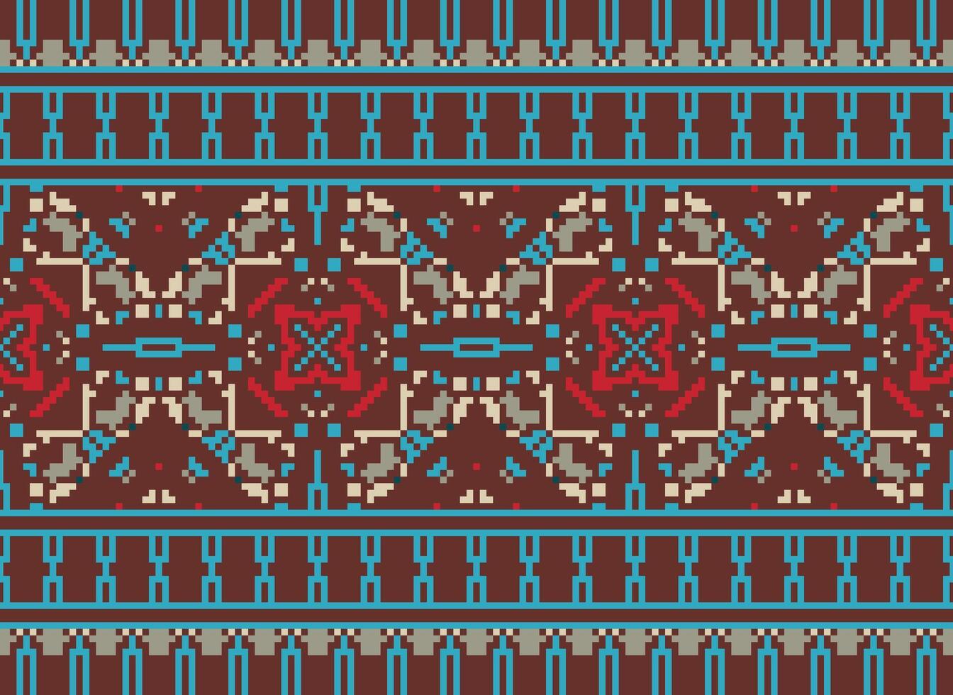 flower embroidery on brown background. ikat and cross stitch geometric seamless pattern ethnic oriental traditional. Aztec style illustration design for carpet, wallpaper, clothing, wrapping, batik. vector