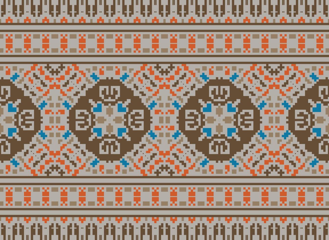 flower embroidery on brown background. ikat and cross stitch geometric seamless pattern ethnic oriental traditional. Aztec style illustration design for carpet, wallpaper, clothing, wrapping, batik. vector