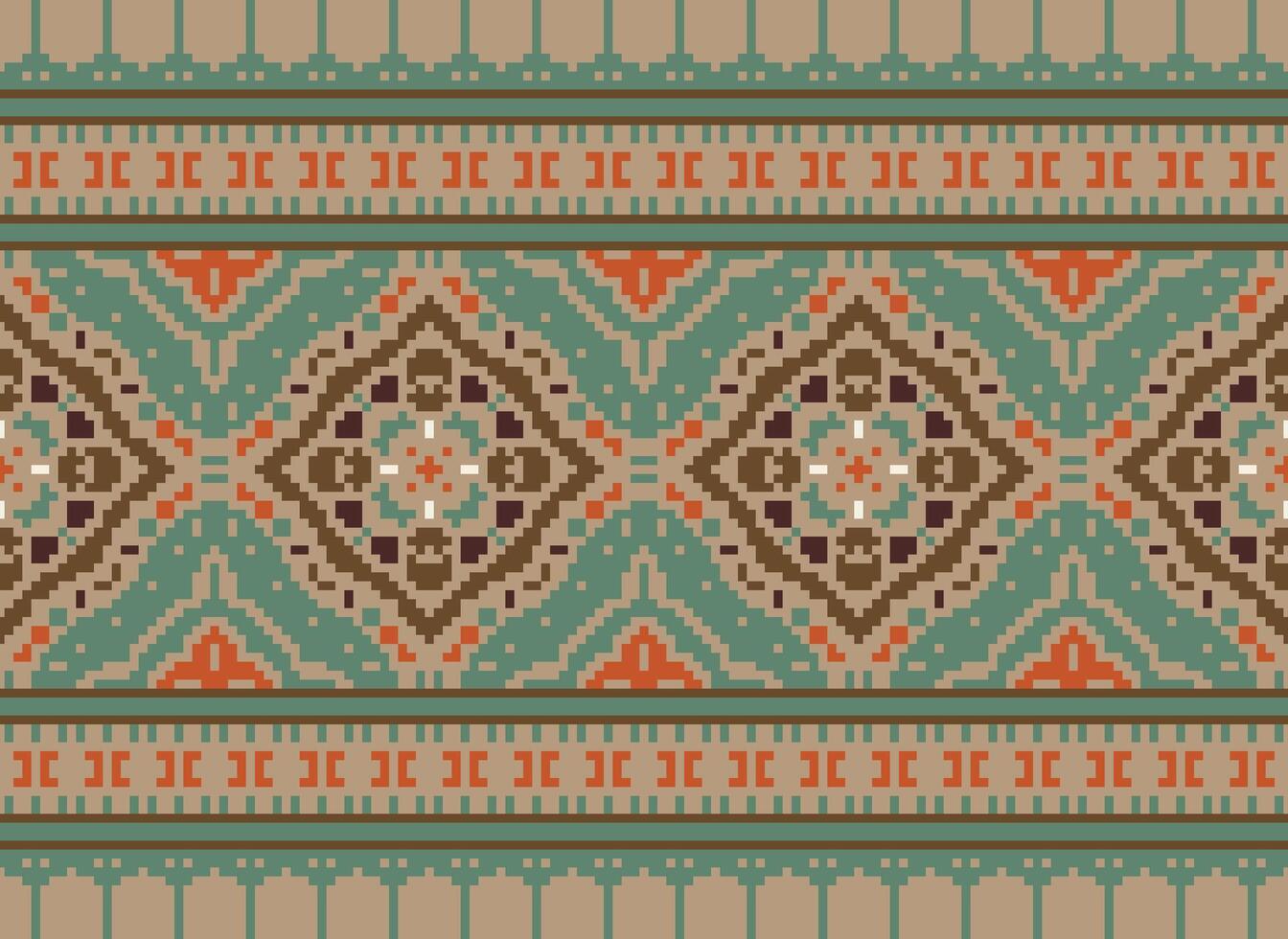 flower embroidery on brown background. ikat and cross stitch geometric seamless pattern ethnic oriental traditional. Aztec style illustration design for carpet, wallpaper, clothing, wrapping, batik. vector