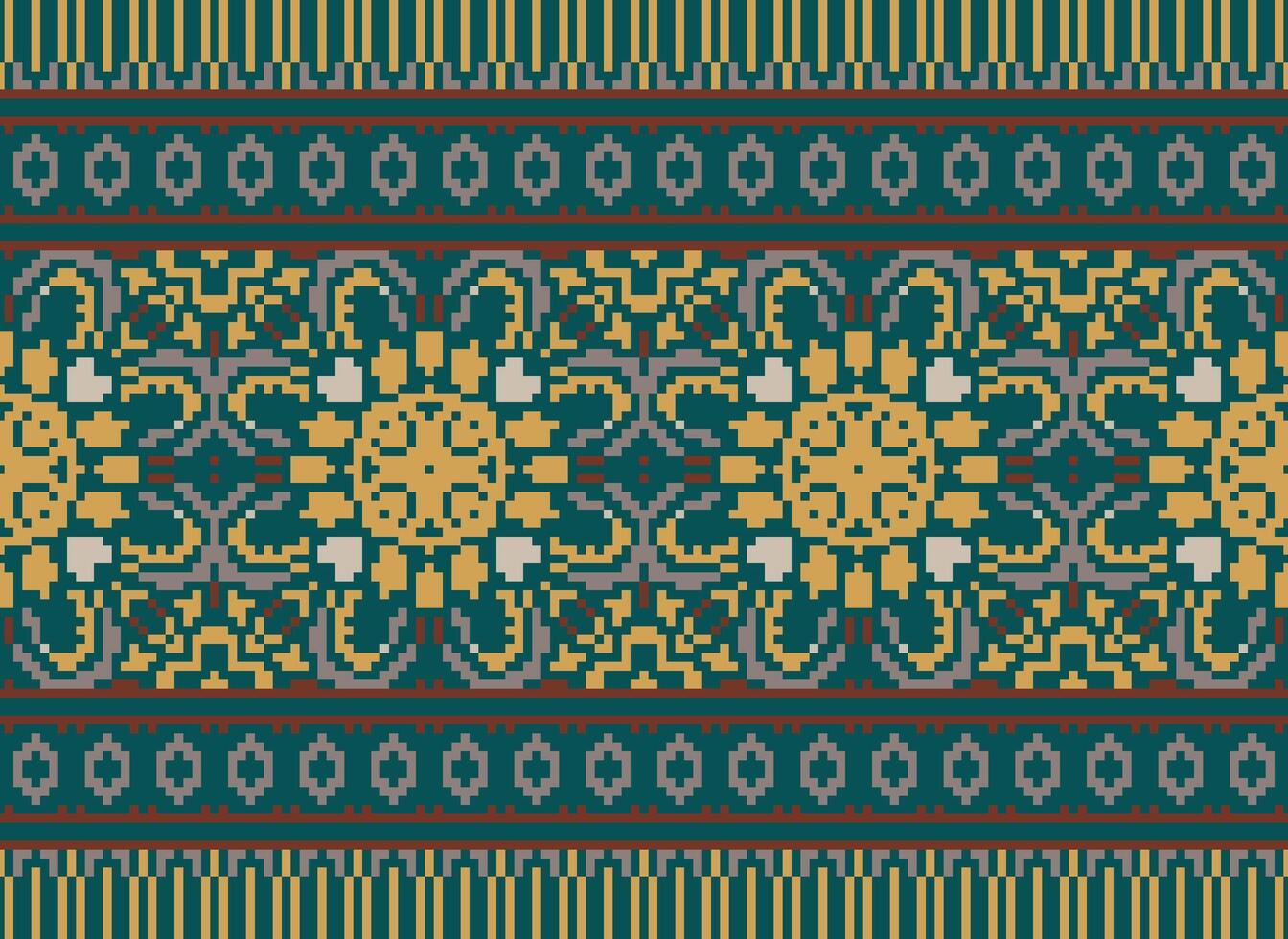 flower embroidery on brown background. ikat and cross stitch geometric seamless pattern ethnic oriental traditional. Aztec style illustration design for carpet, wallpaper, clothing, wrapping, batik. vector