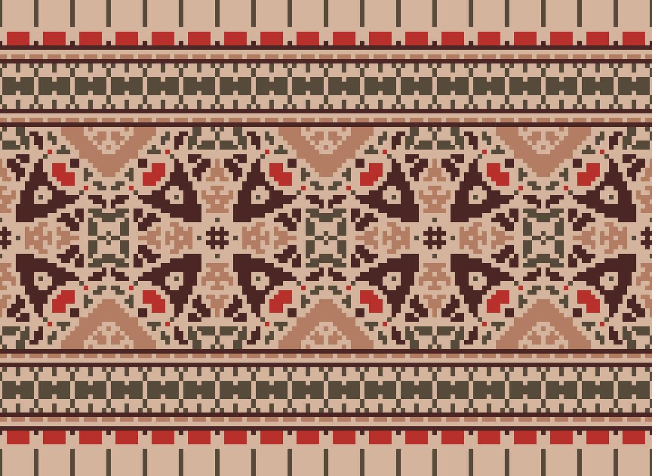 Cross Stitch pattern with Floral Designs. Traditional cross stitch needlework. Geometric Ethnic pattern, Embroidery, Textile ornamentation, fabric, Hand stitched pattern, Cultural stitching pixel art. vector