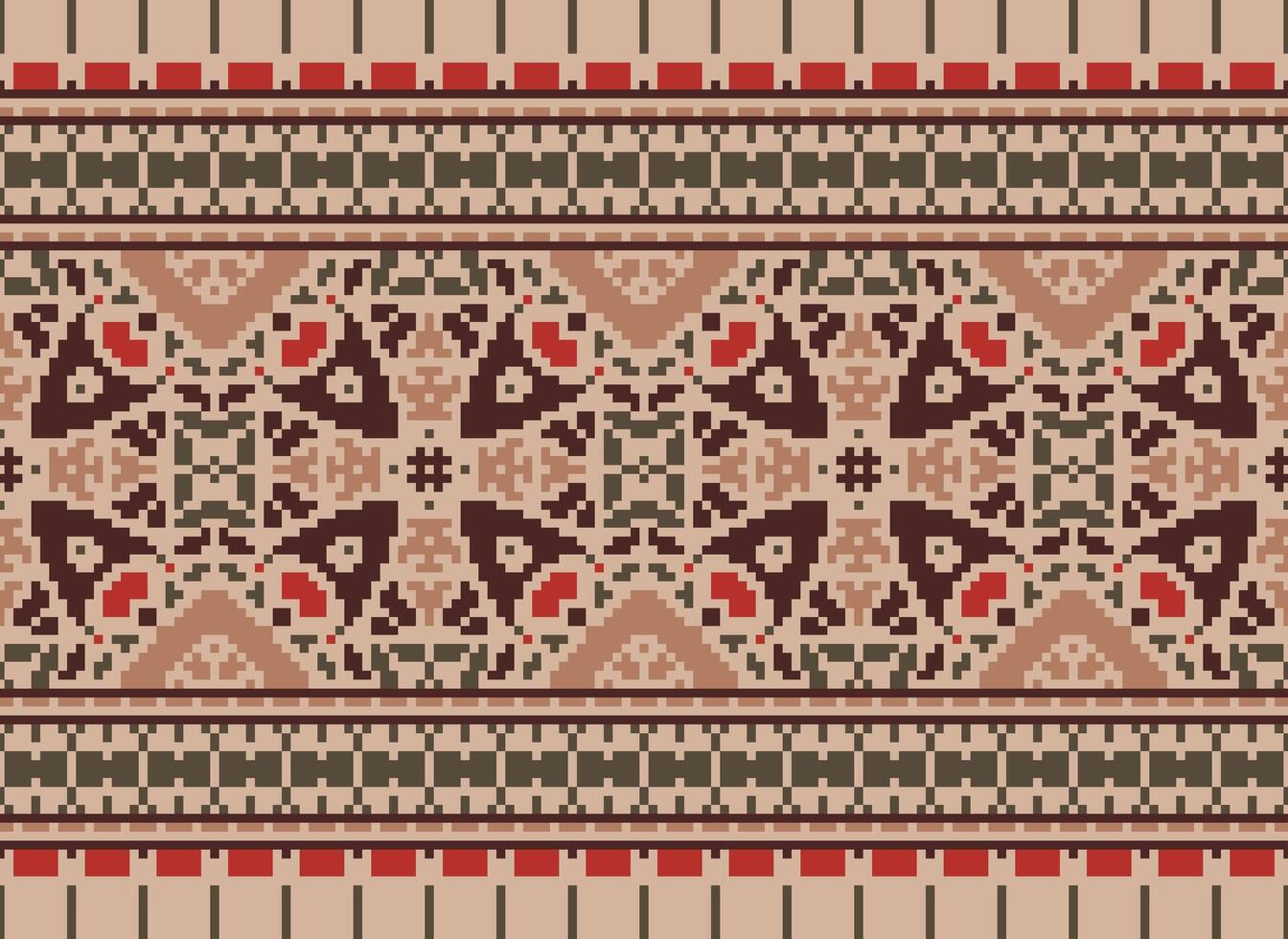 Cross Stitch pattern with Floral Designs. Traditional cross stitch needlework. Geometric Ethnic pattern, Embroidery, Textile ornamentation, fabric, Hand stitched pattern, Cultural stitching pixel art. vector