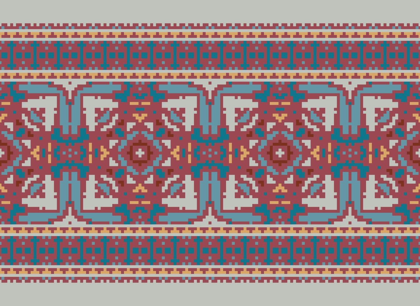 Cross Stitch pattern with Floral Designs. Traditional cross stitch needlework. Geometric Ethnic pattern, Embroidery, Textile ornamentation, fabric, Hand stitched pattern, Cultural stitching pixel art. vector