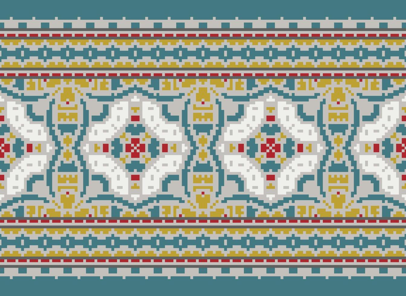 Cross Stitch pattern with Floral Designs. Traditional cross stitch needlework. Geometric Ethnic pattern, Embroidery, Textile ornamentation, fabric, Hand stitched pattern, Cultural stitching pixel art. vector