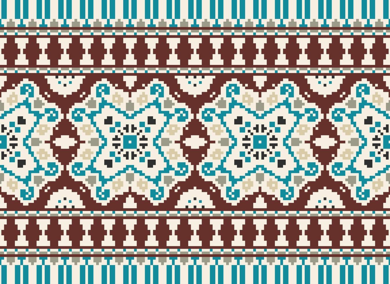 Cross Stitch pattern with Floral Designs. Traditional cross stitch needlework. Geometric Ethnic pattern, Embroidery, Textile ornamentation, fabric, Hand stitched pattern, Cultural stitching pixel art. vector