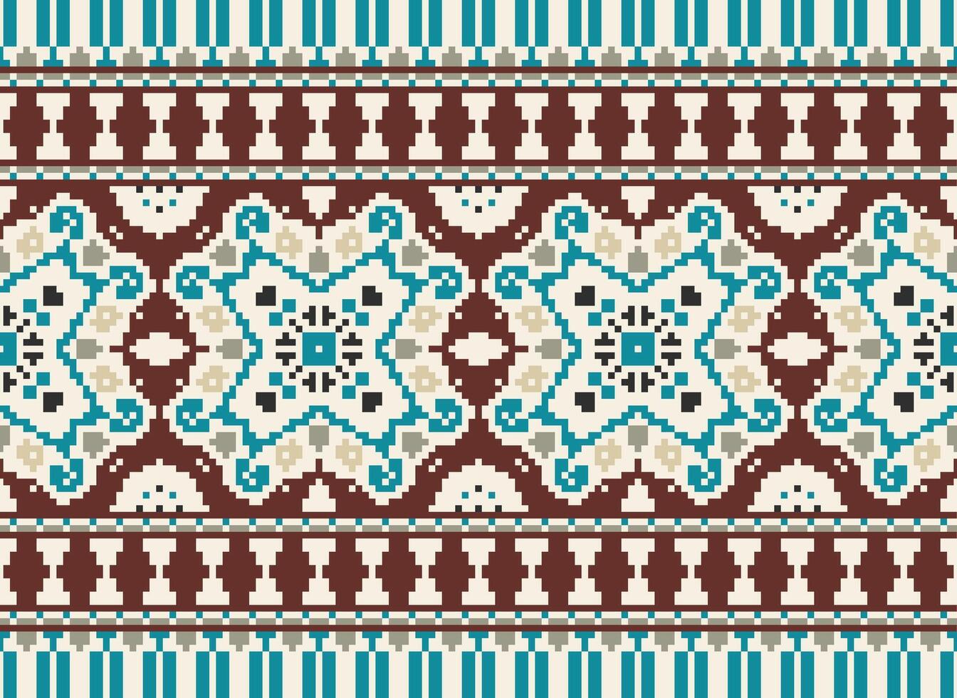 Cross Stitch pattern with Floral Designs. Traditional cross stitch needlework. Geometric Ethnic pattern, Embroidery, Textile ornamentation, fabric, Hand stitched pattern, Cultural stitching pixel art. vector