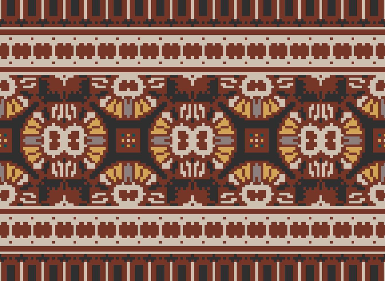 flor bordado en marrón antecedentes. ikat y cruzar puntada geométrico sin costura modelo étnico oriental tradicional. azteca estilo ilustración diseño para alfombra, fondo de pantalla, ropa, envase, batik. vector