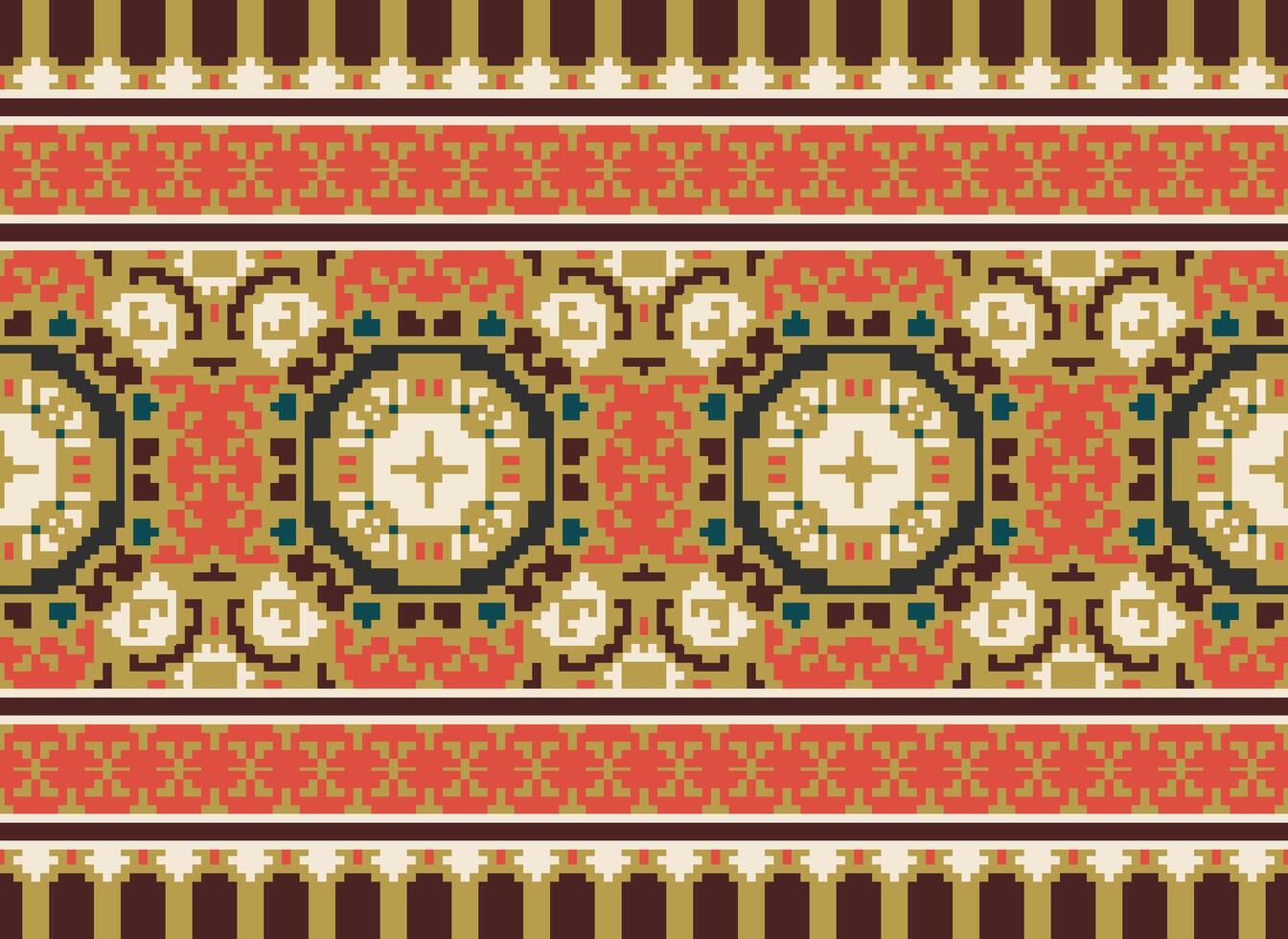 flower embroidery on brown background. ikat and cross stitch geometric seamless pattern ethnic oriental traditional. Aztec style illustration design for carpet, wallpaper, clothing, wrapping, batik. vector