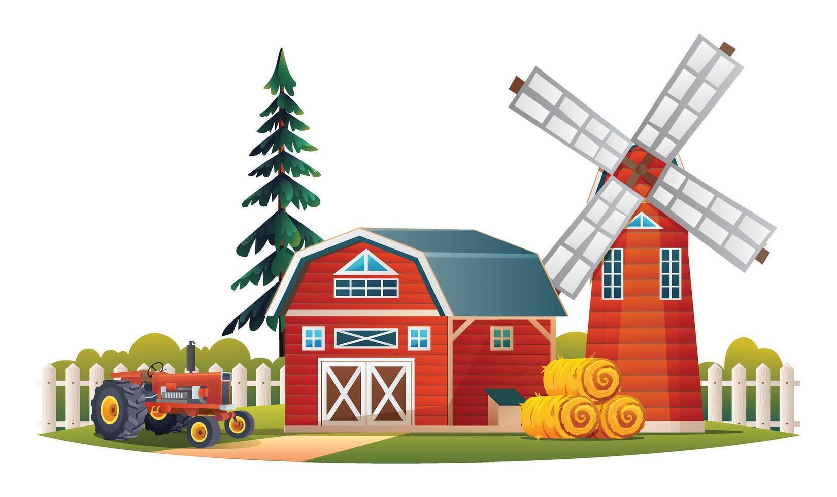 Barn farm house with windmill and tractor. Farm building concept. Vector illustration