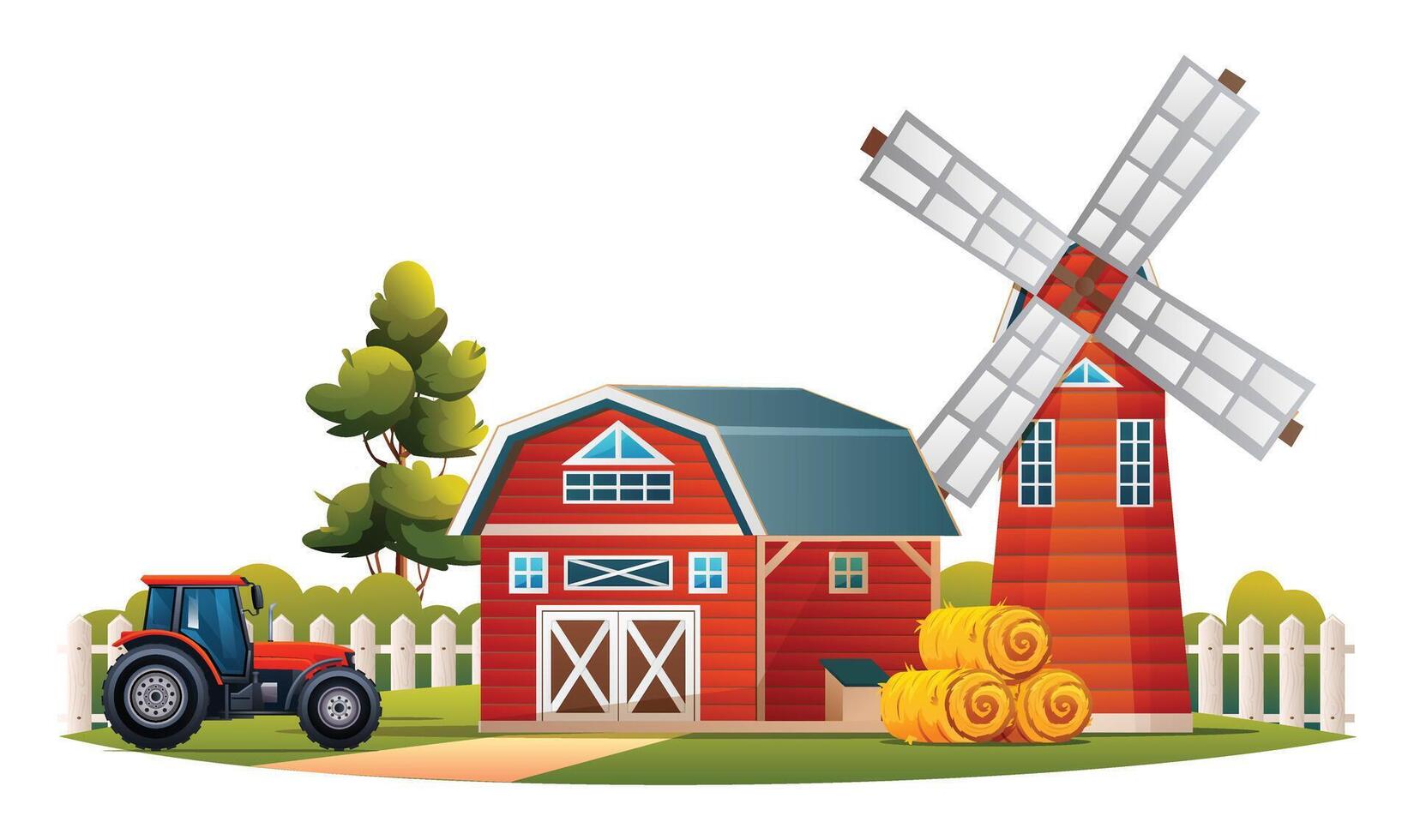 Barn farm with windmill and tractor. Farm building concept. Vector illustration isolated on white background