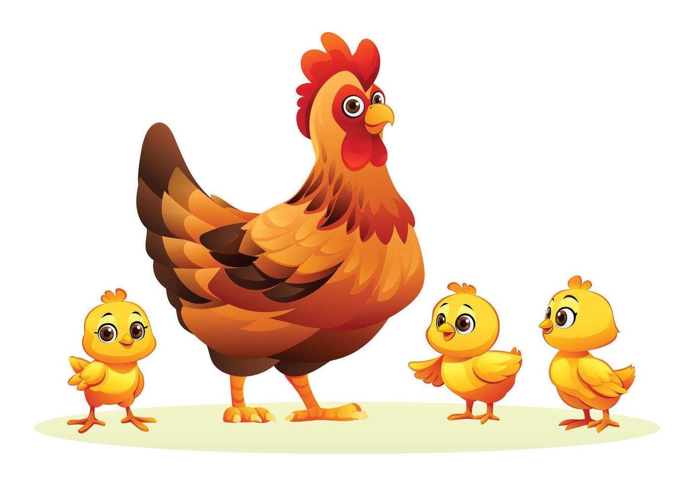 Mother hen with her baby chicks. Vector cartoon illustration