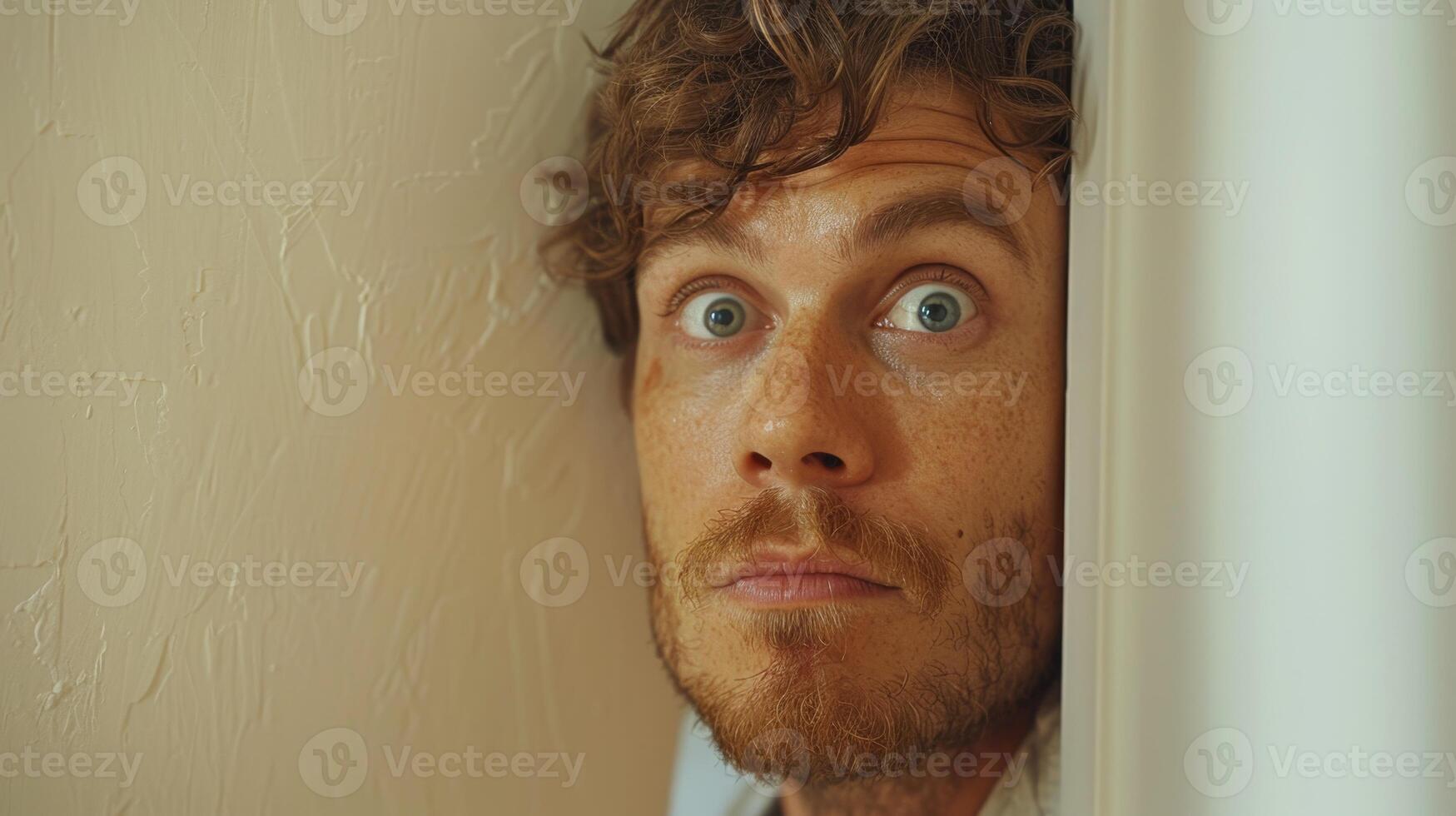 AI generated Close-up of a man peeking around the corner photo