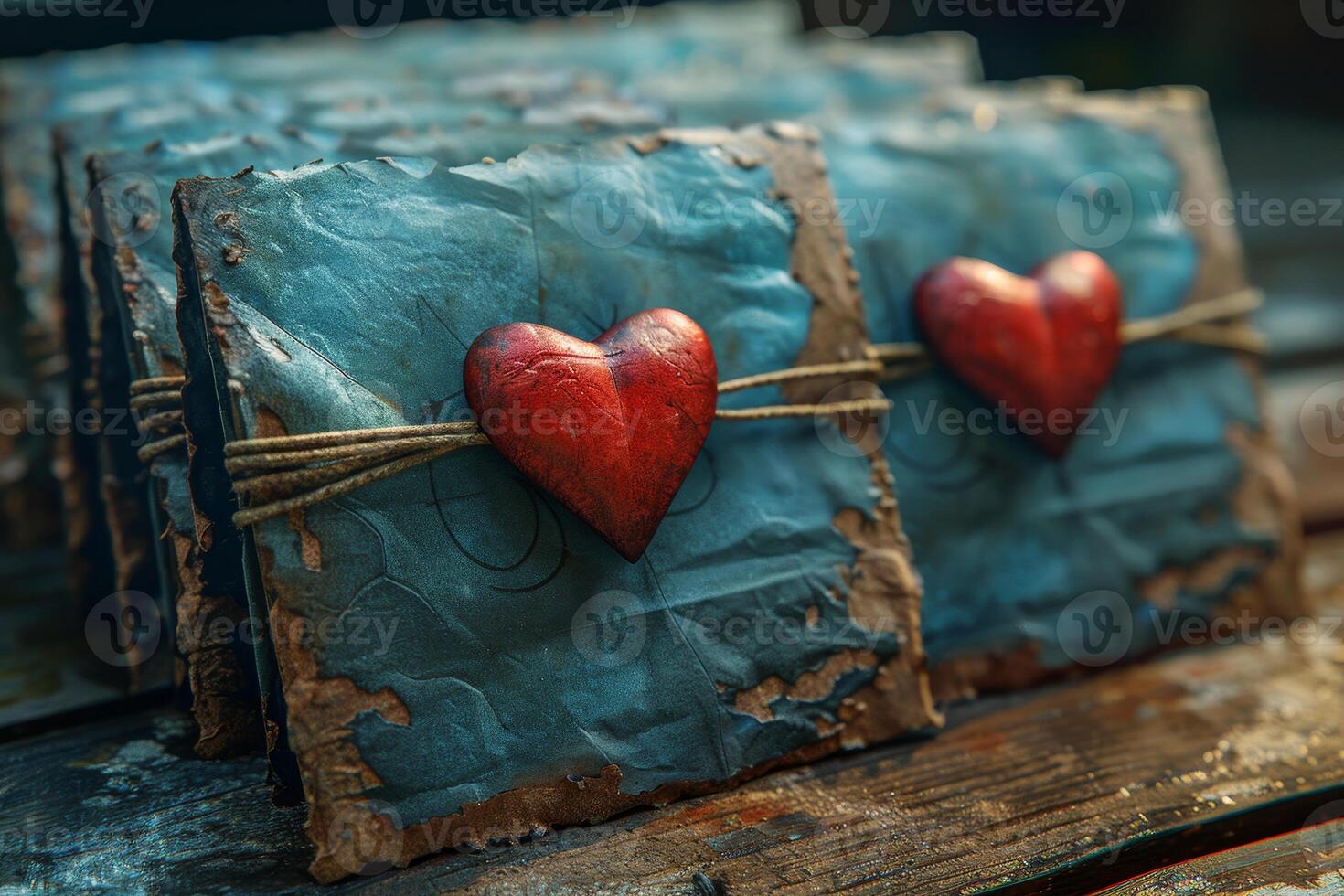 AI generated A set of retro postal envelopes with a red heart seal. Realistic elements for romantic design photo