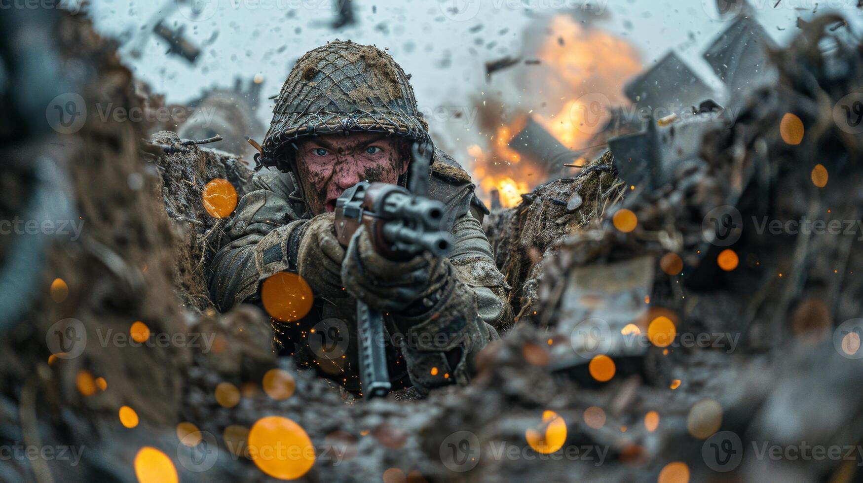 AI generated A soldier with a machine gun in a trench in a combat position during a combat mission photo