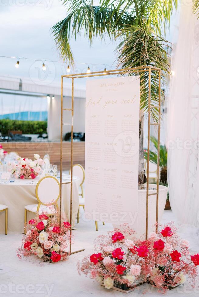 Seating plan hangs on a rectangular frame next to bouquets of flowers in front of the set festive tables photo